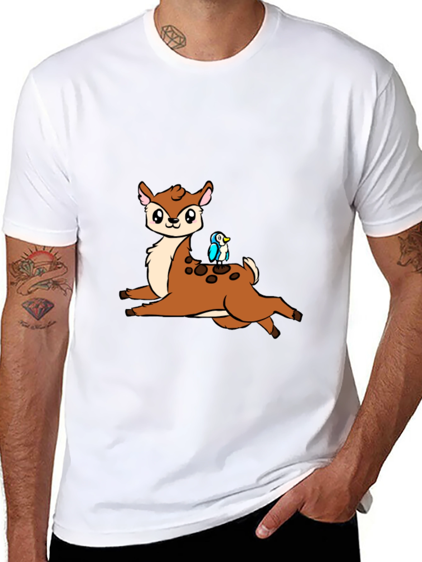 Cute Cartoon Deer & Bird Black T-Shirt