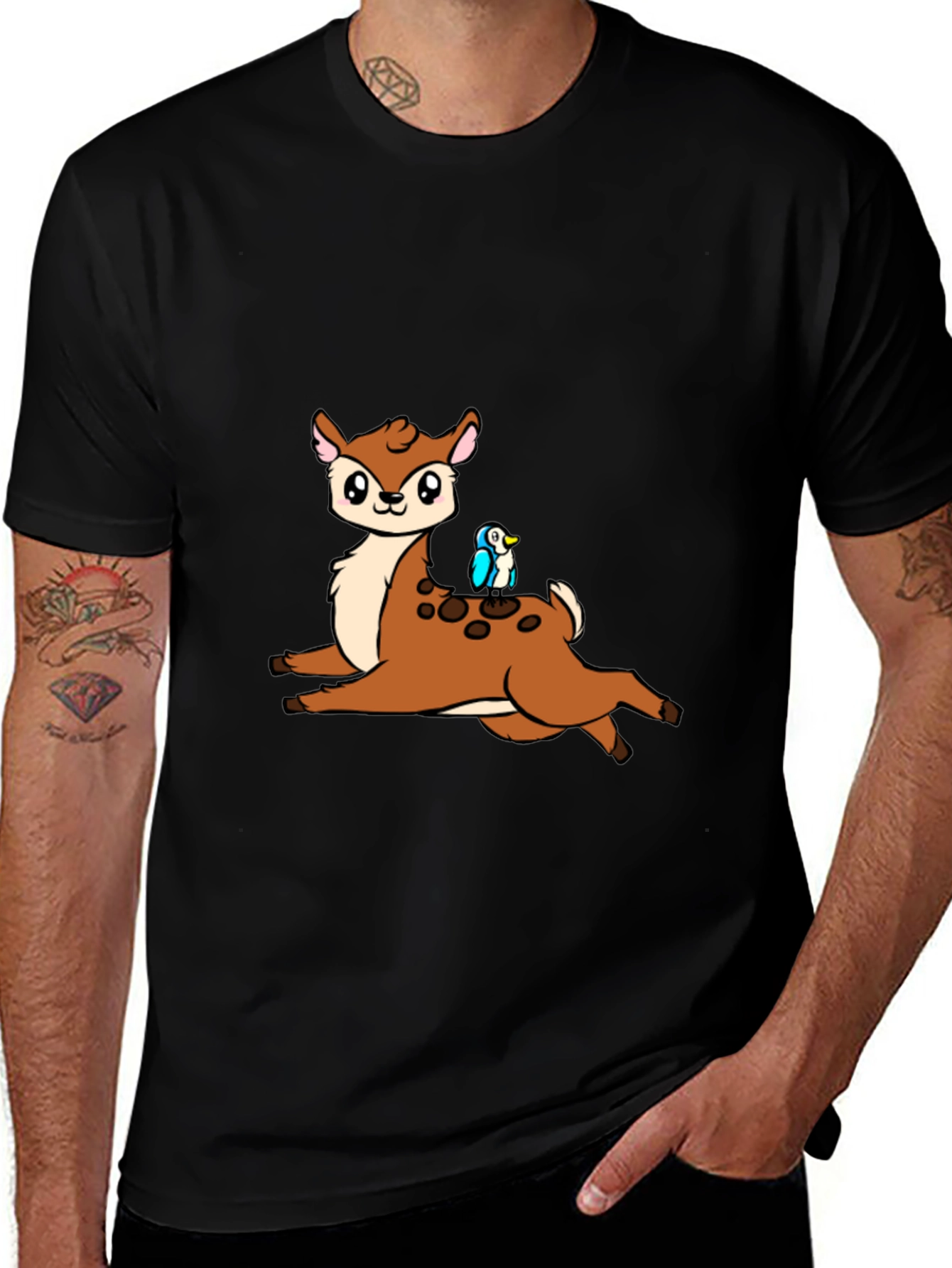 Cute Cartoon Deer & Bird Black T-Shirt