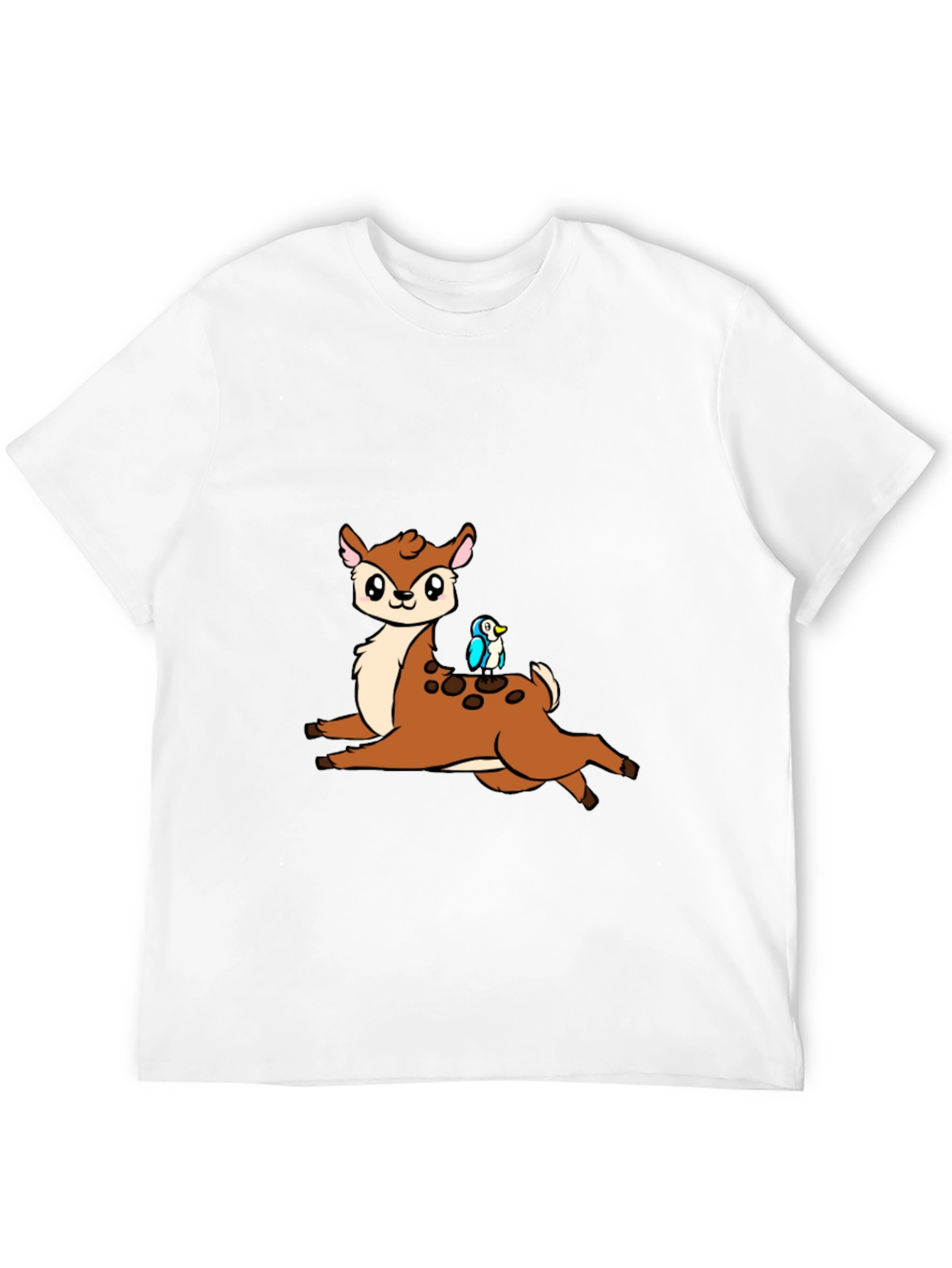 Cute Cartoon Deer & Bird Black T-Shirt