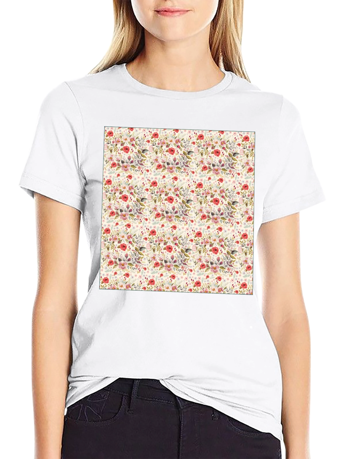 Floral Print Crew Neck Tee - Casual Style