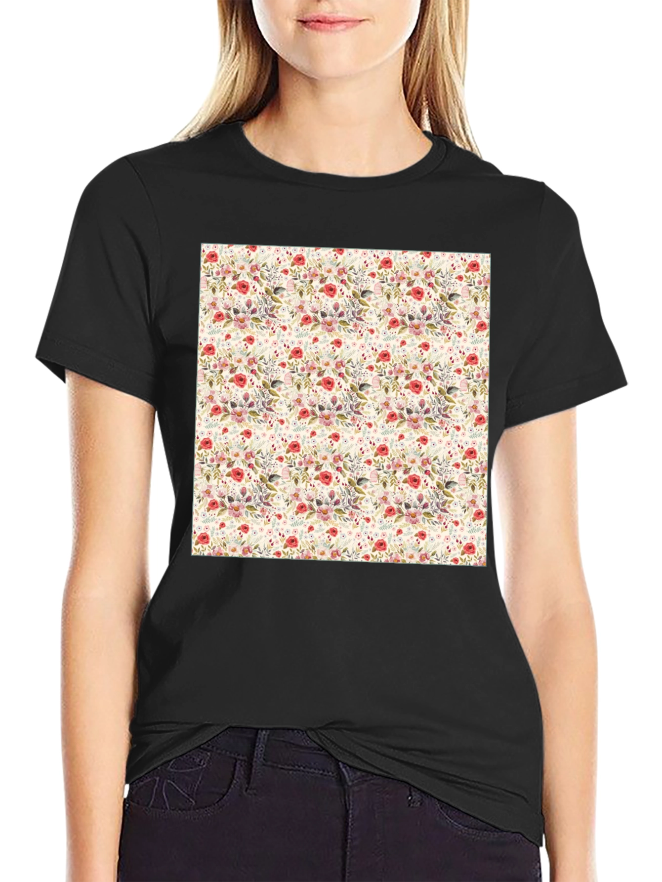 Floral Print Crew Neck Tee - Casual Style