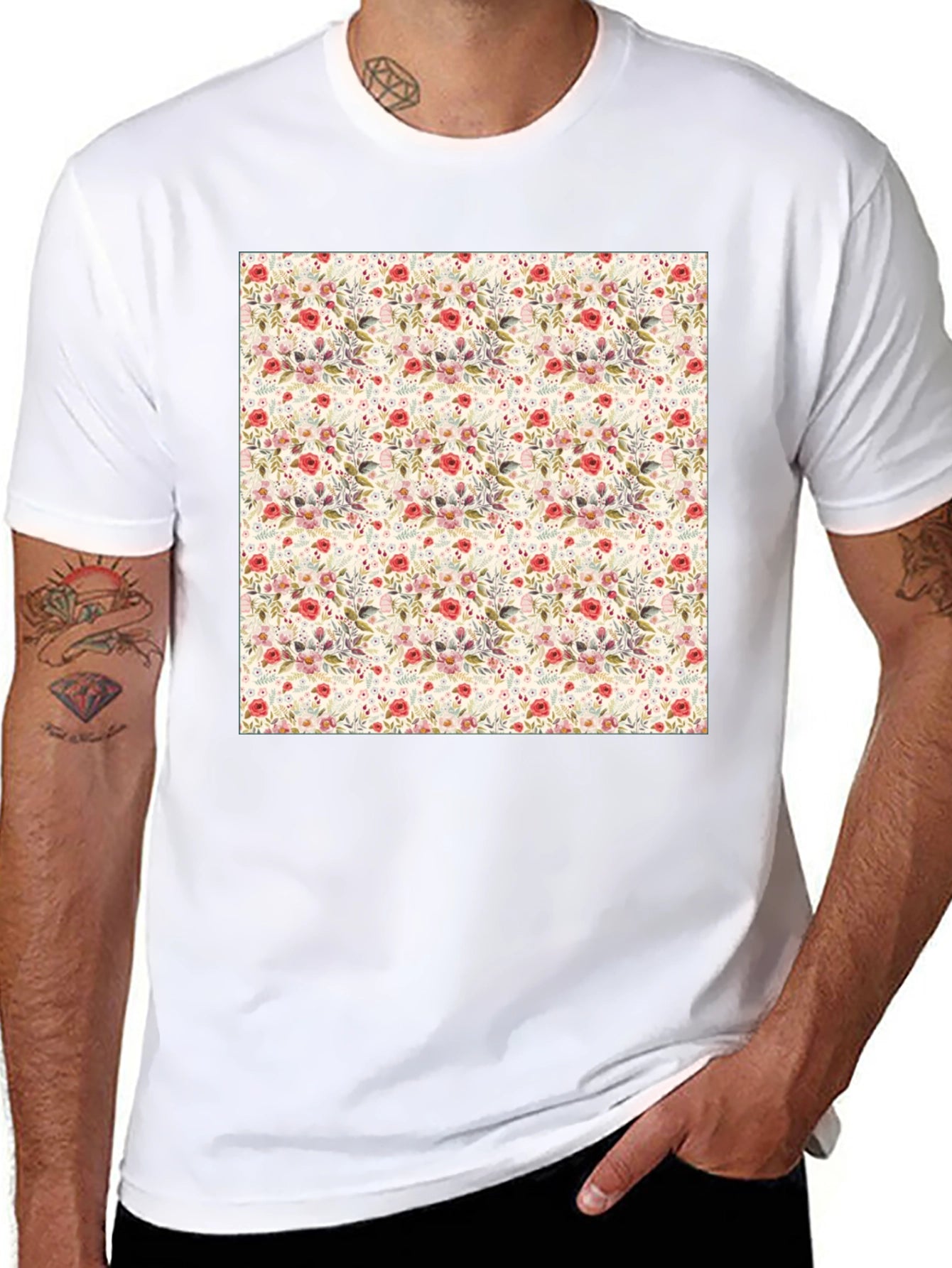 Floral Print Crew Neck Tee - Casual Style