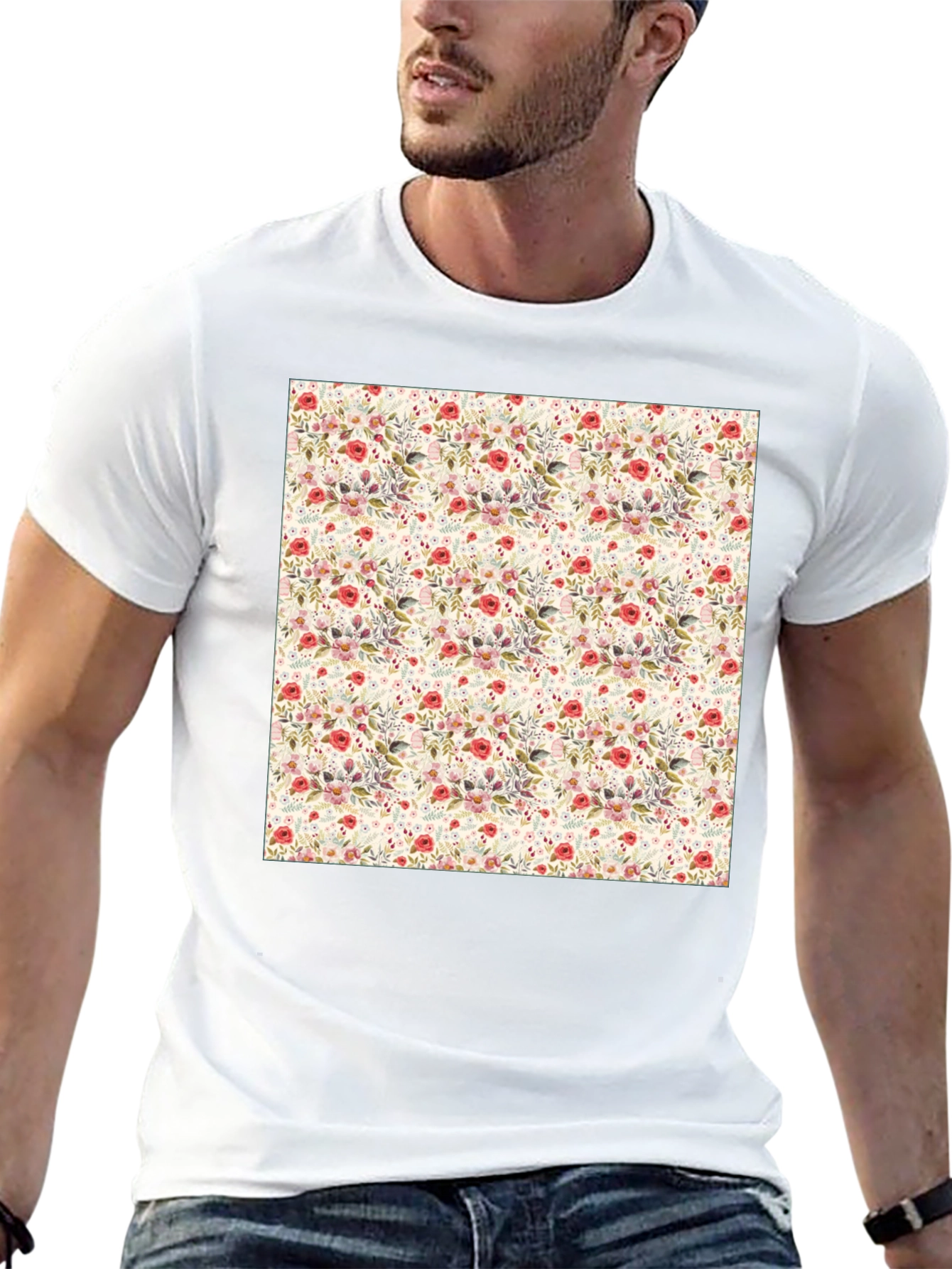 Floral Print Crew Neck Tee - Casual Style