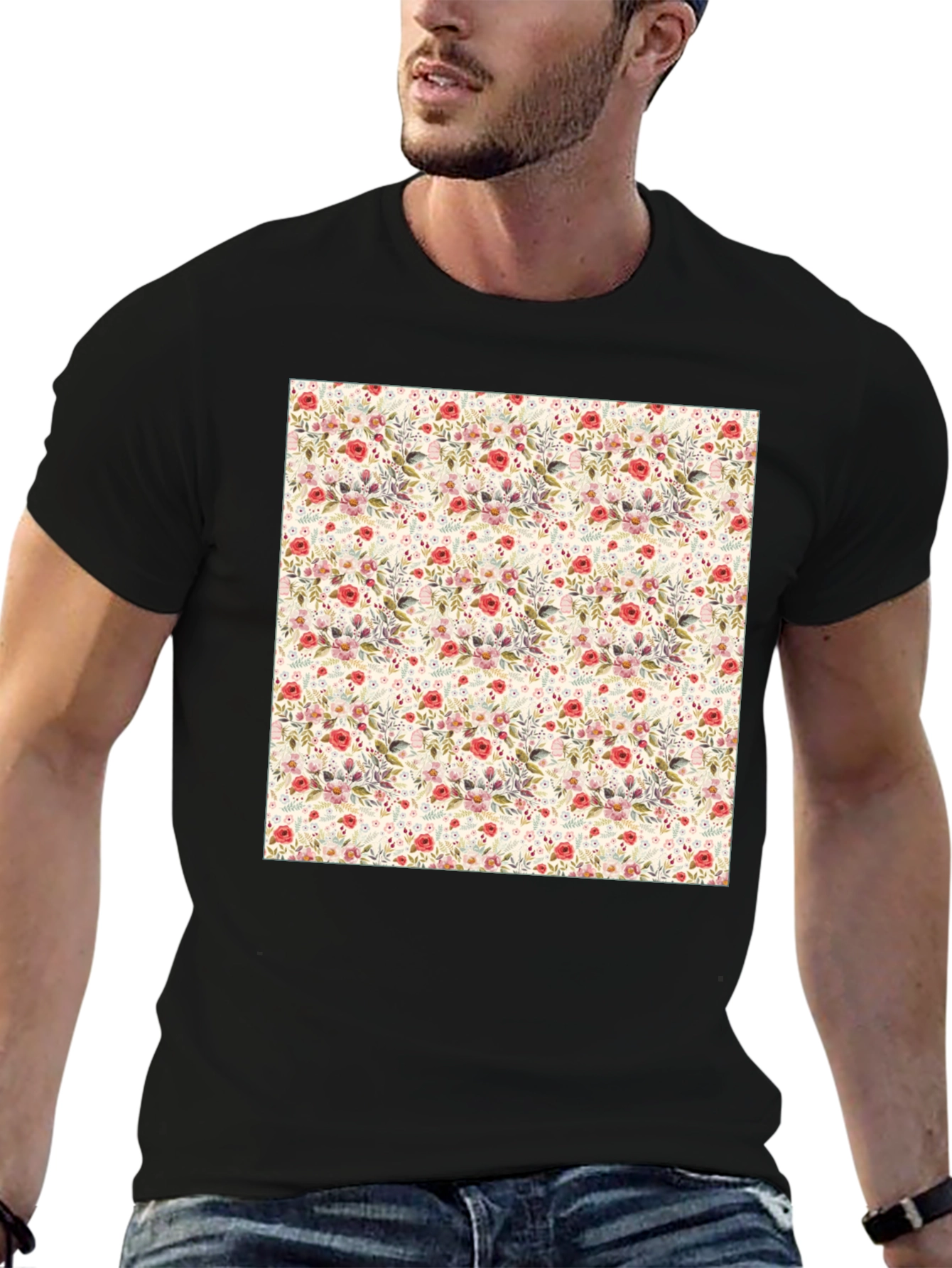 Floral Print Crew Neck Tee - Casual Style