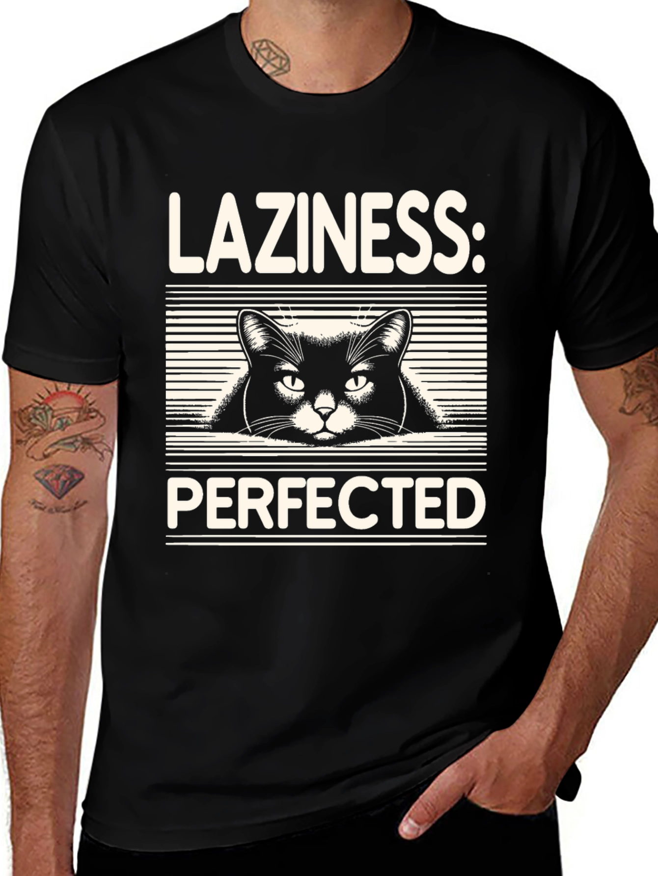 Laziness Perfected Cat Graphic Tee - Black