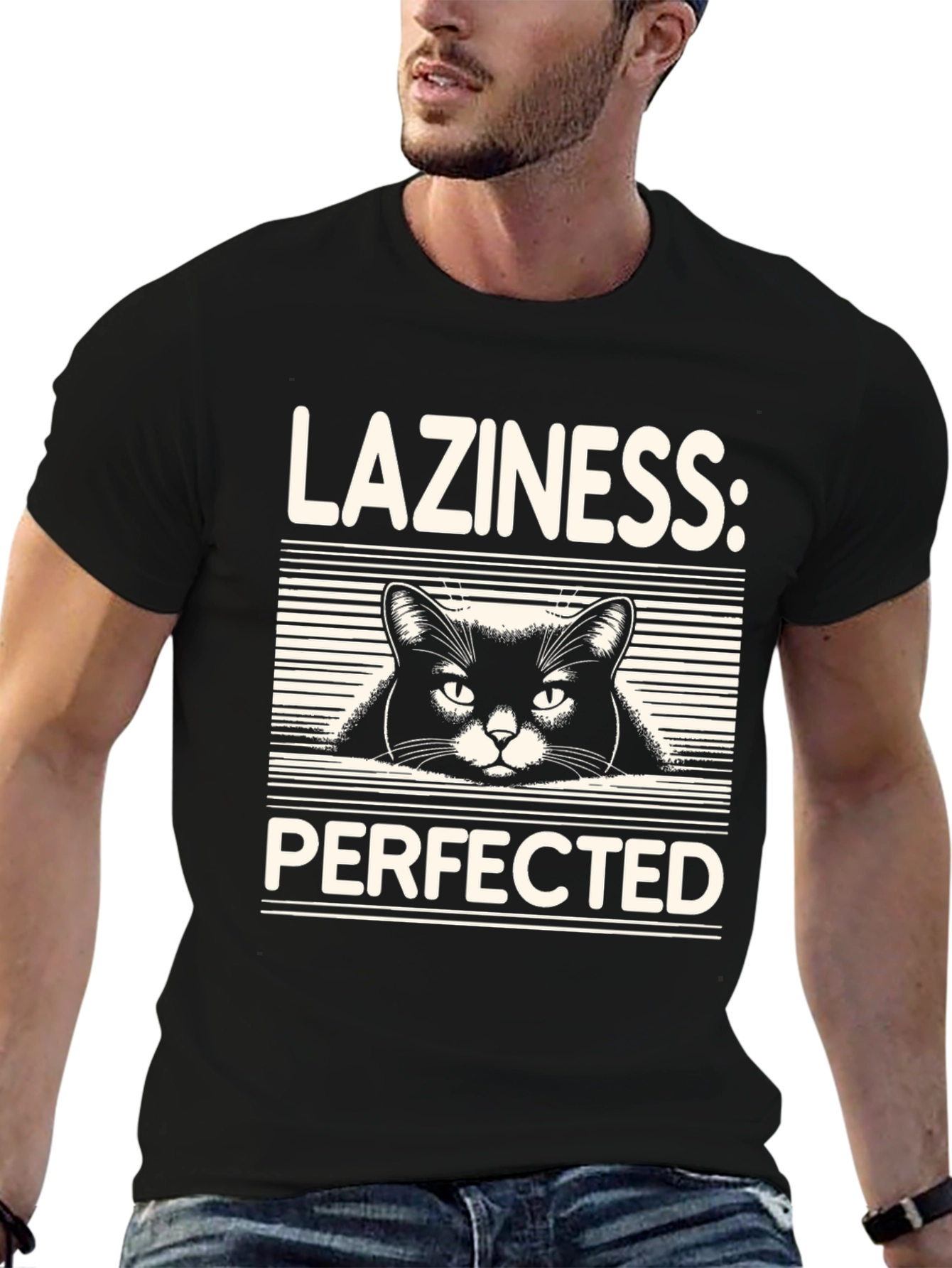 Laziness Perfected Cat Graphic Tee - Black