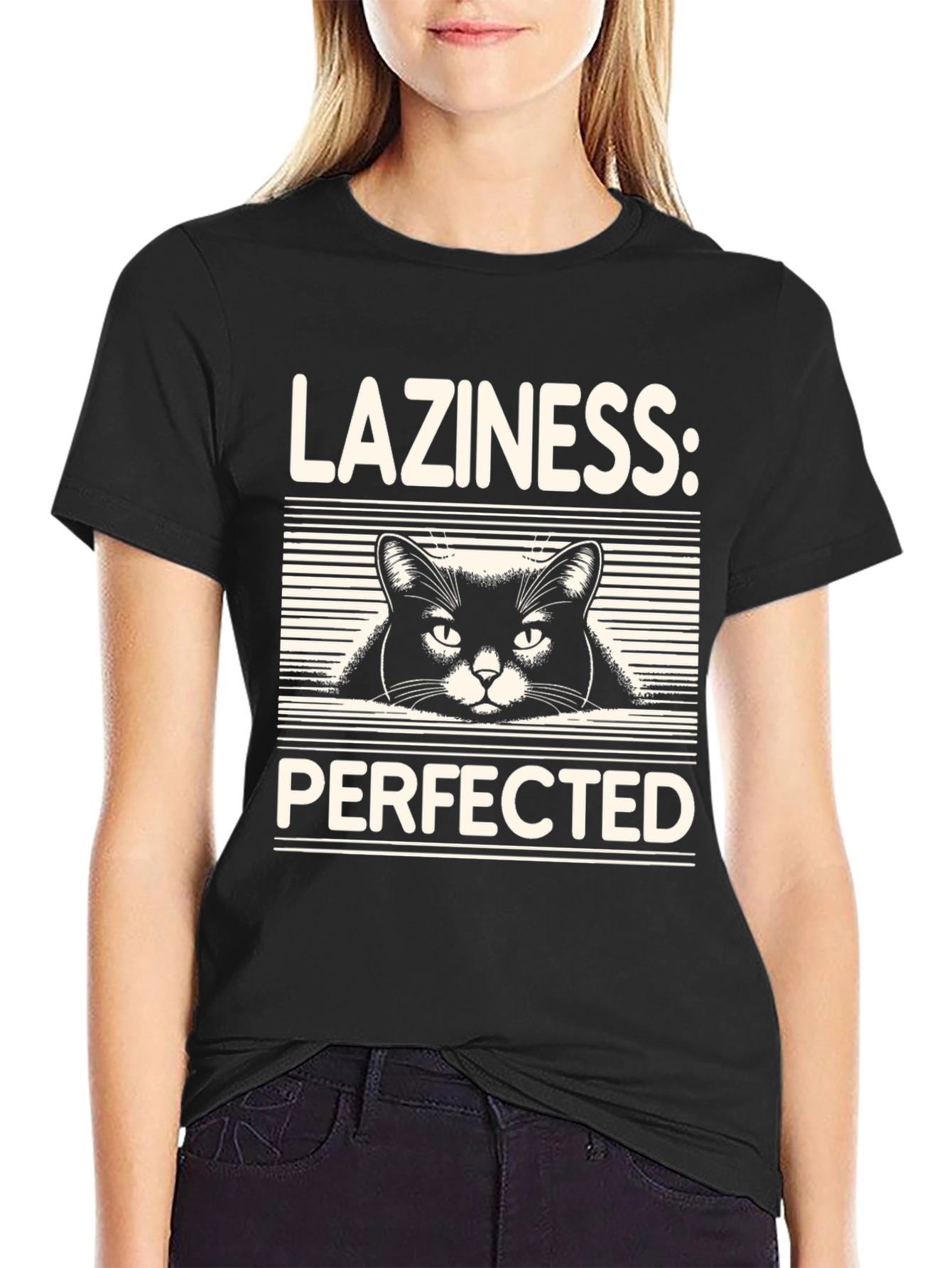 Laziness Perfected Cat Graphic Tee - Black