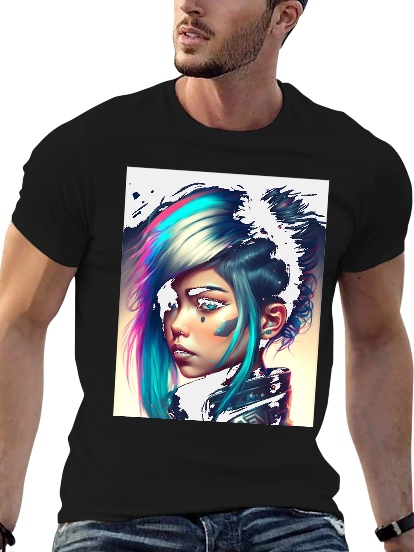 Cyberpunk Girl Graphic Tee - Black Cotton