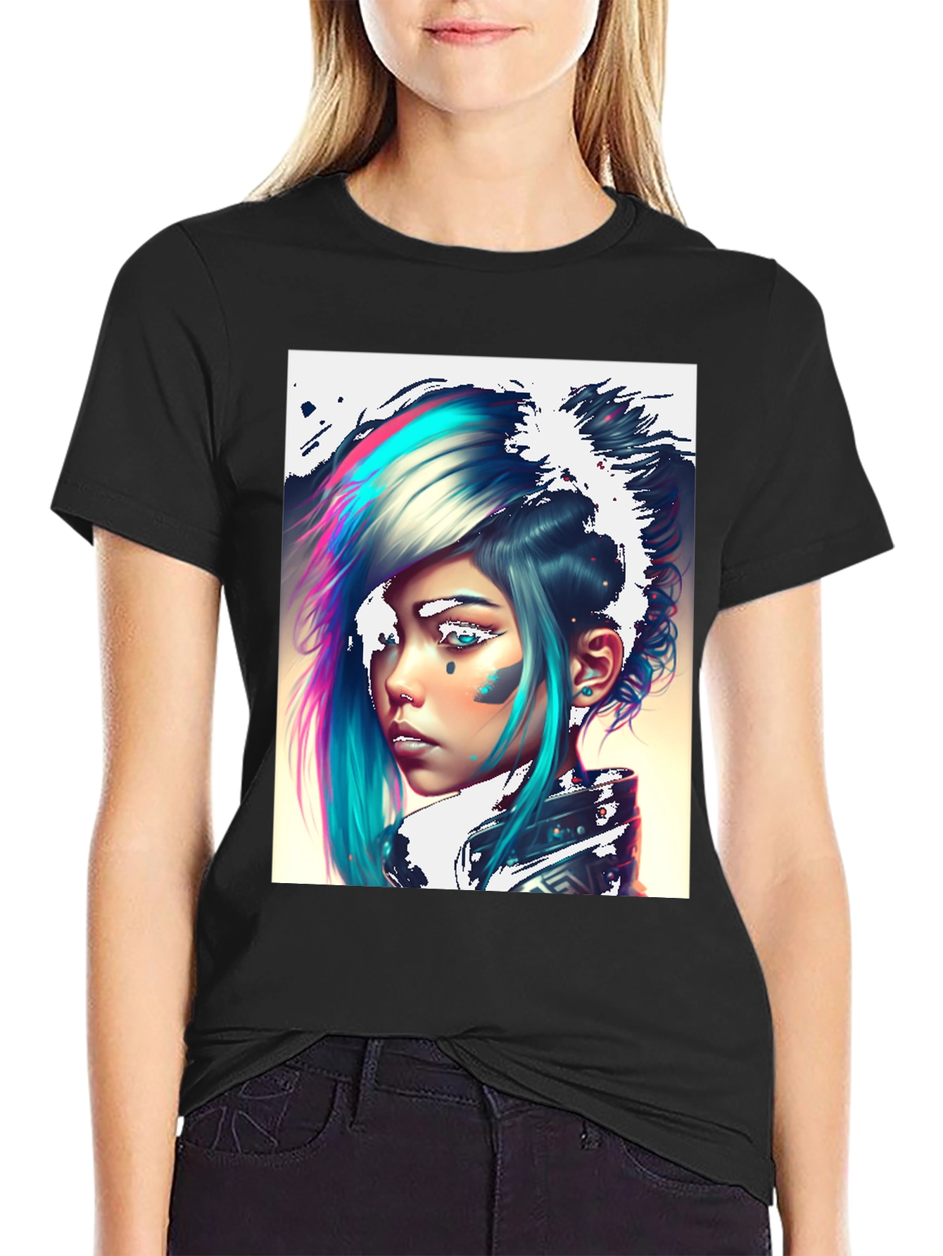 Cyberpunk Girl Graphic Tee - Black Cotton