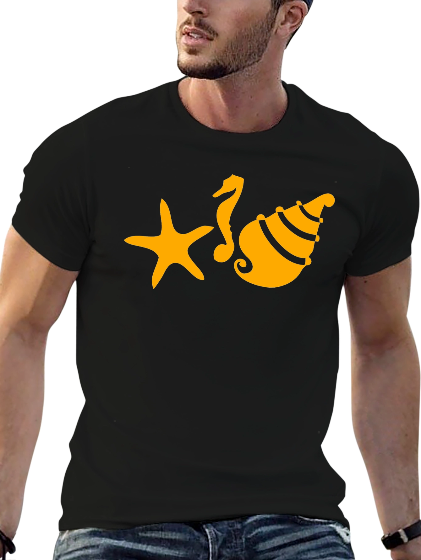 Black T-Shirt with Starfish Seahorse and Shell Design