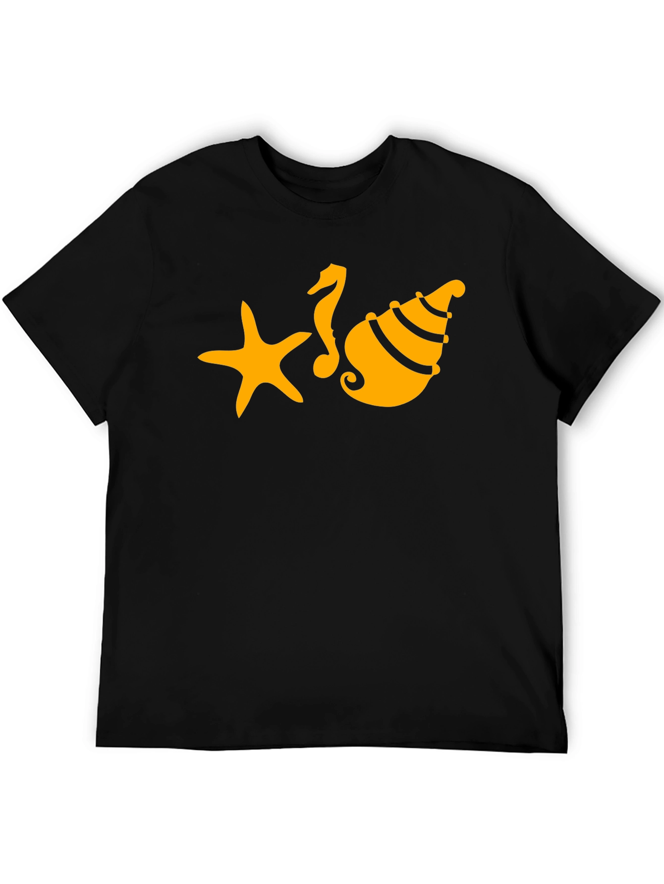 Black T-Shirt with Starfish Seahorse and Shell Design