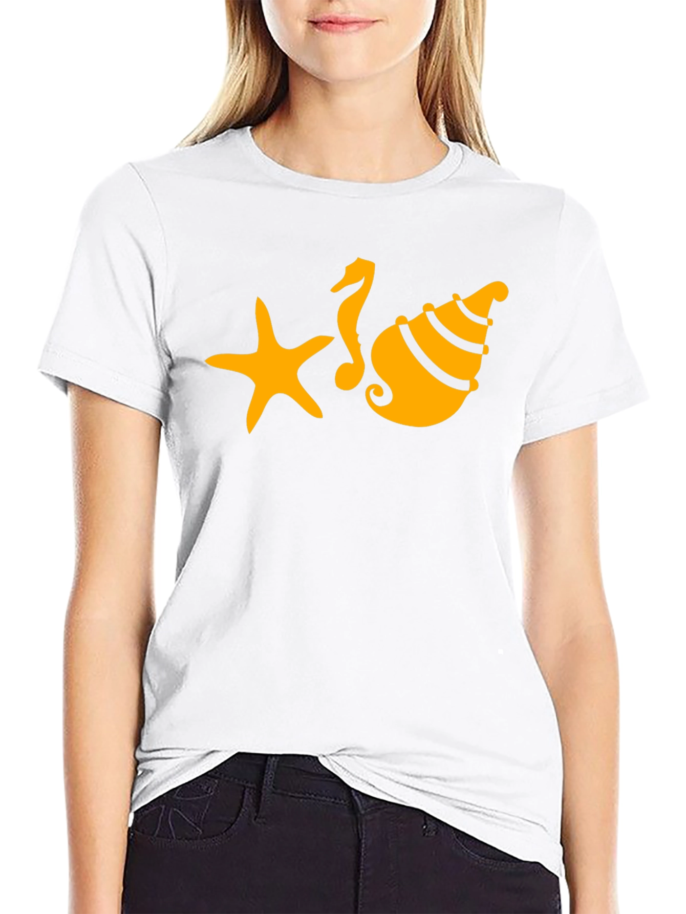 Black T-Shirt with Starfish Seahorse and Shell Design