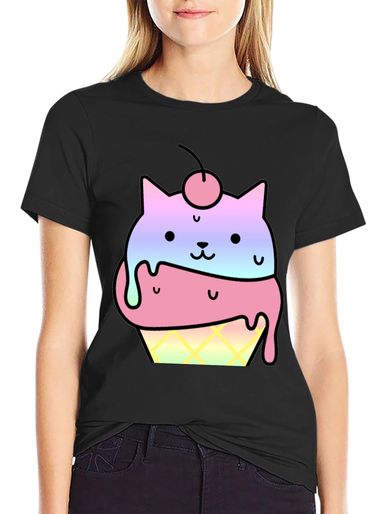 Cute Cat Ice Cream Cone Graphic T-Shirt