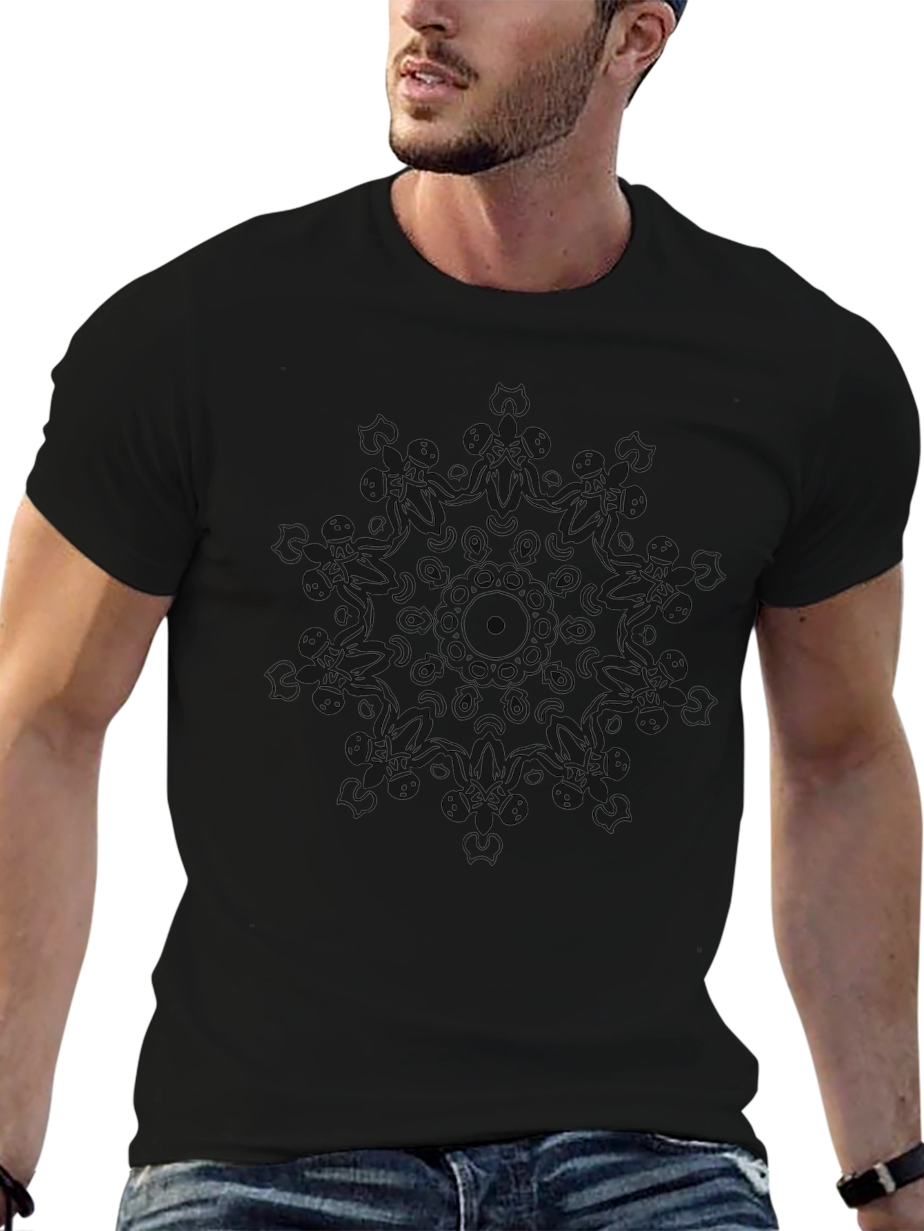Modern Mandala Graphic Tee - Soft Black Cotton