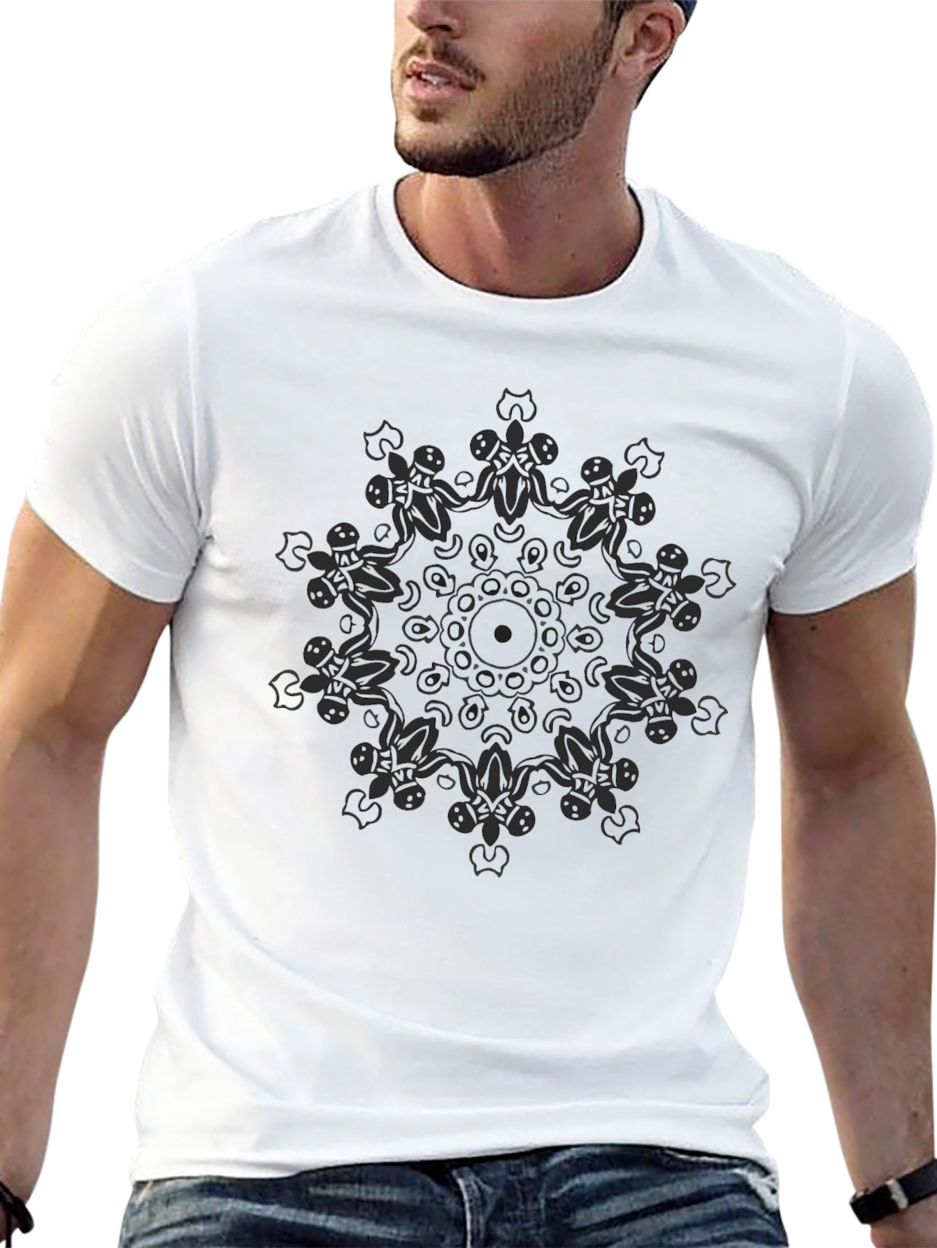 Modern Mandala Graphic Tee - Soft Black Cotton