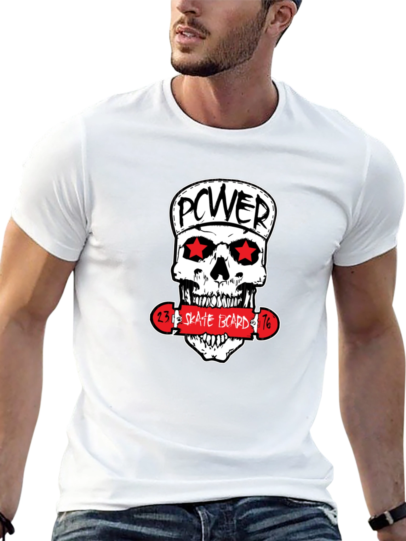 Power Skate Board Skull Graphic T-Shirt