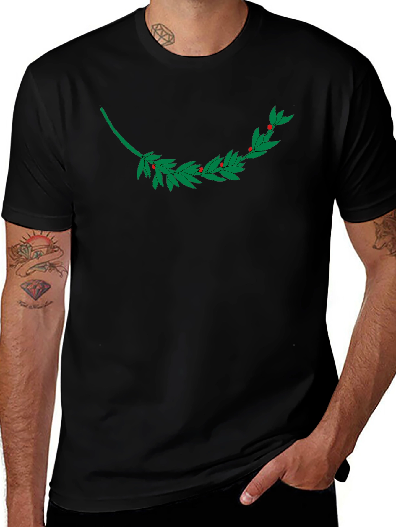 Black T-Shirt with Laurel Branch Design