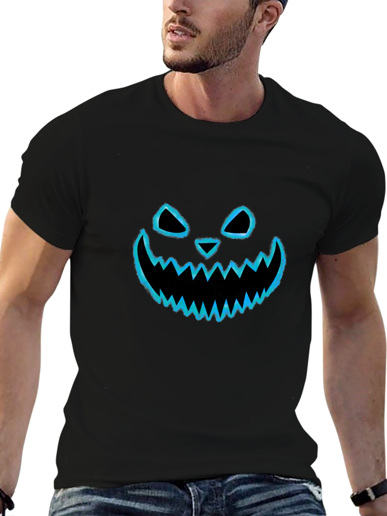 Halloween Pumpkin Face Graphic Tee - Black Cotton T-Shirt
