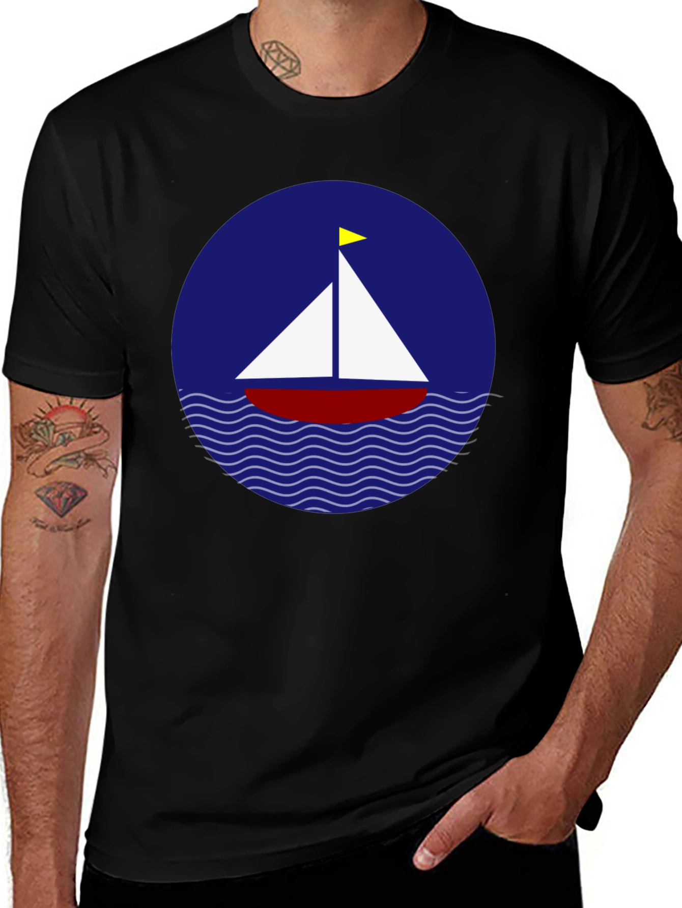 Sailboat Graphic T-Shirt - Black Cotton Crew Neck