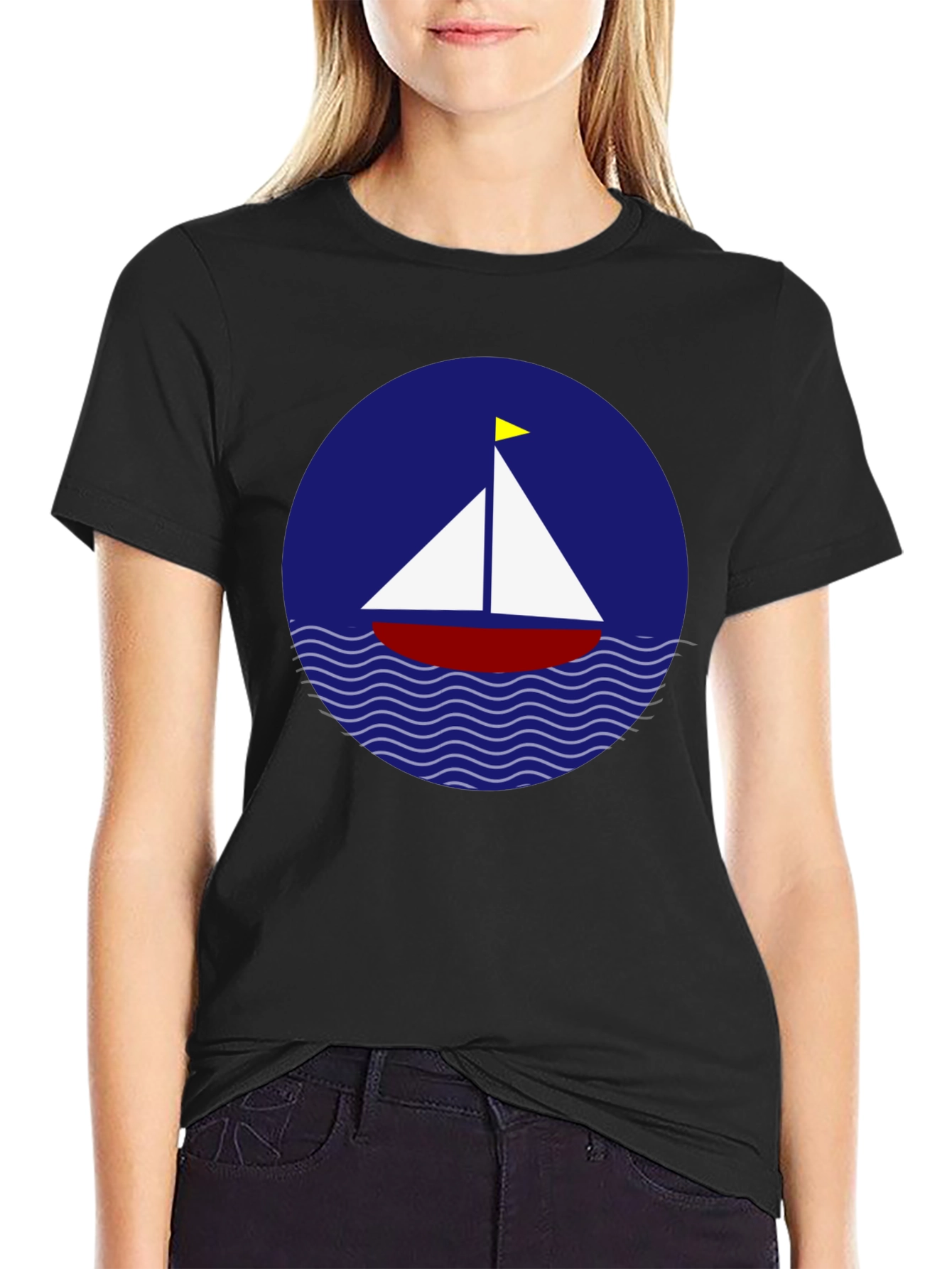 Sailboat Graphic T-Shirt - Black Cotton Crew Neck