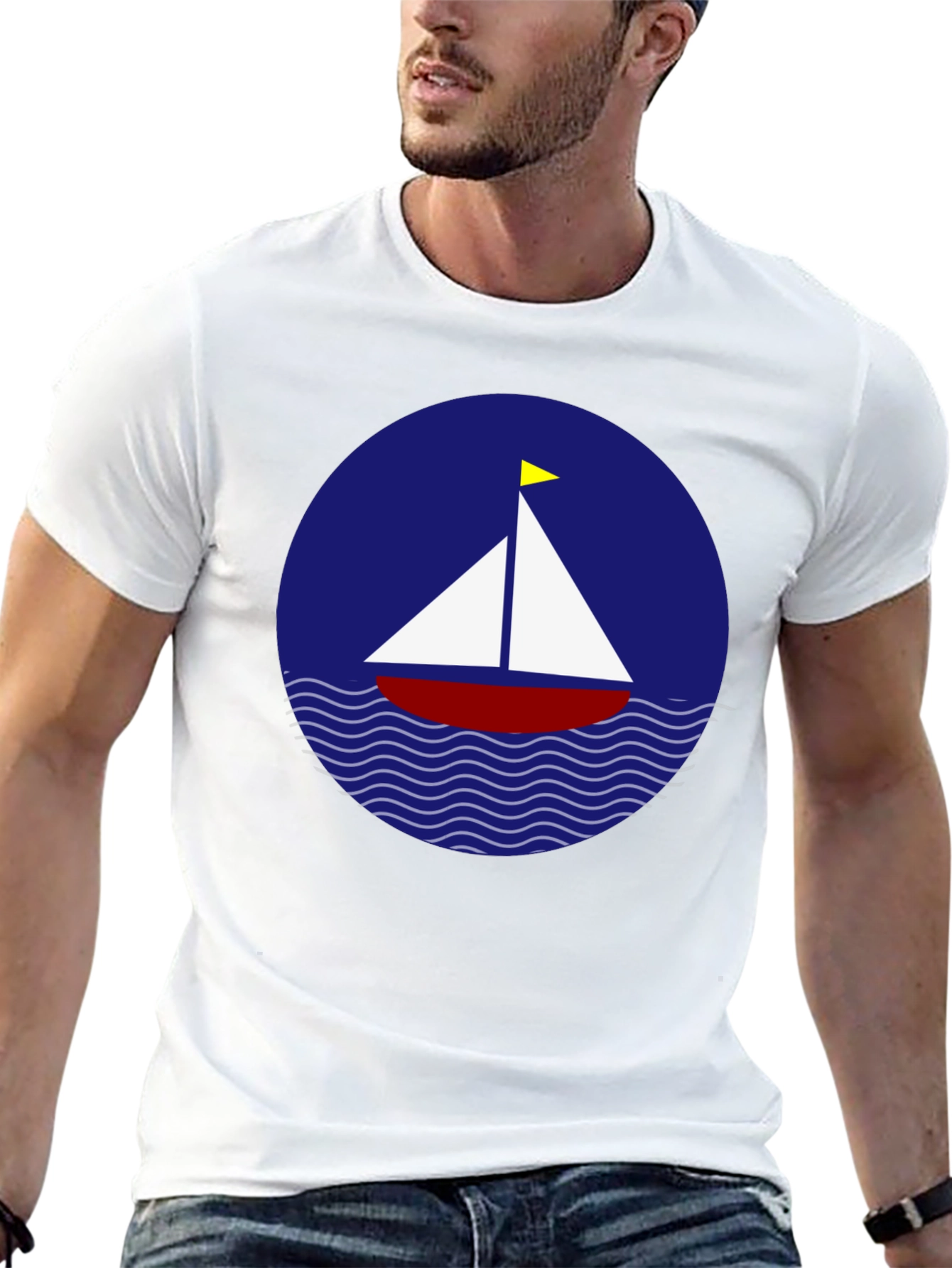 Sailboat Graphic T-Shirt - Black Cotton Crew Neck