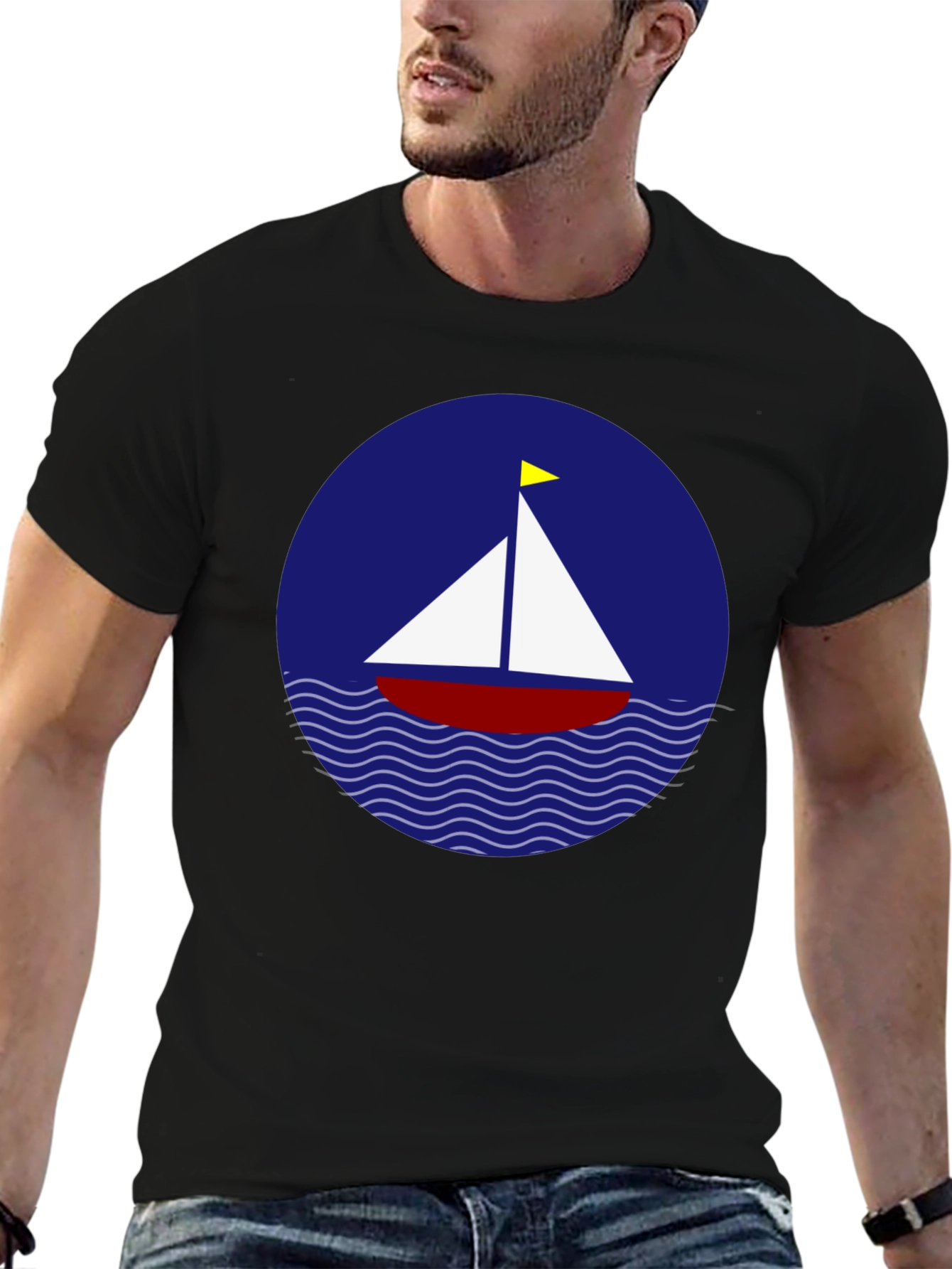 Sailboat Graphic T-Shirt - Black Cotton Crew Neck
