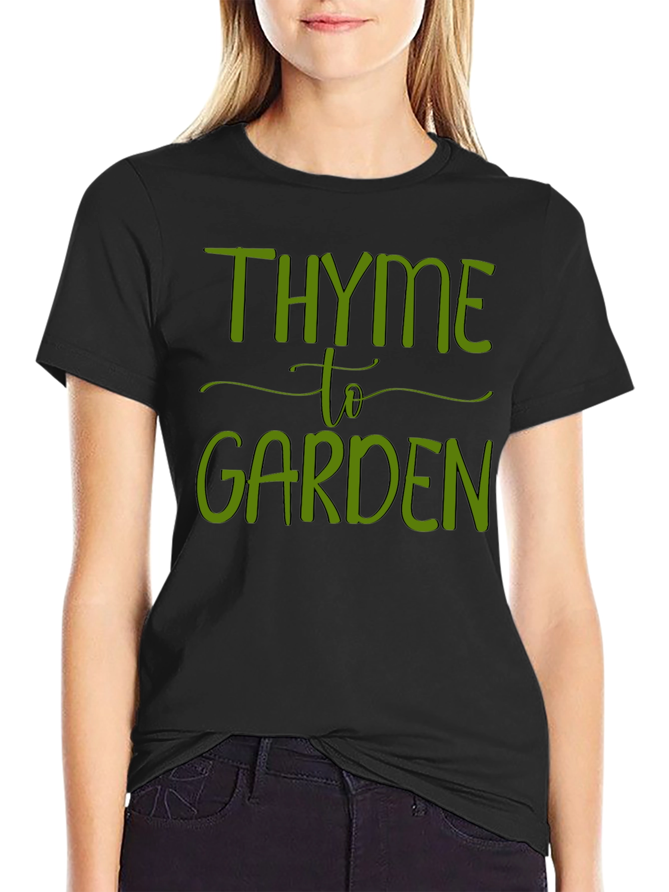 Thyme to Garden Green Graphic Black T-Shirt