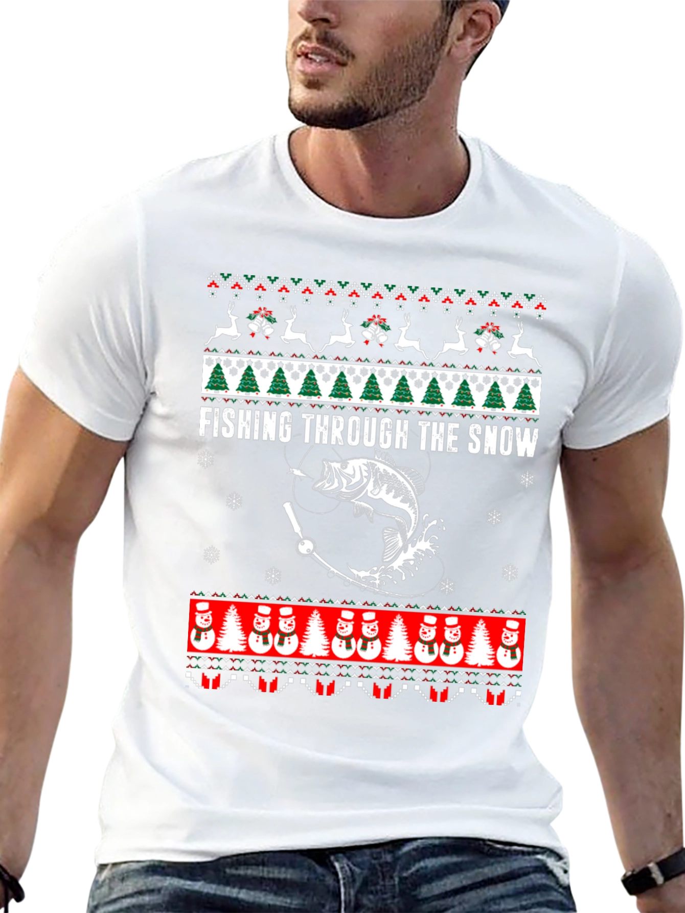 Fishing Through The Snow Ugly Christmas T-Shirt