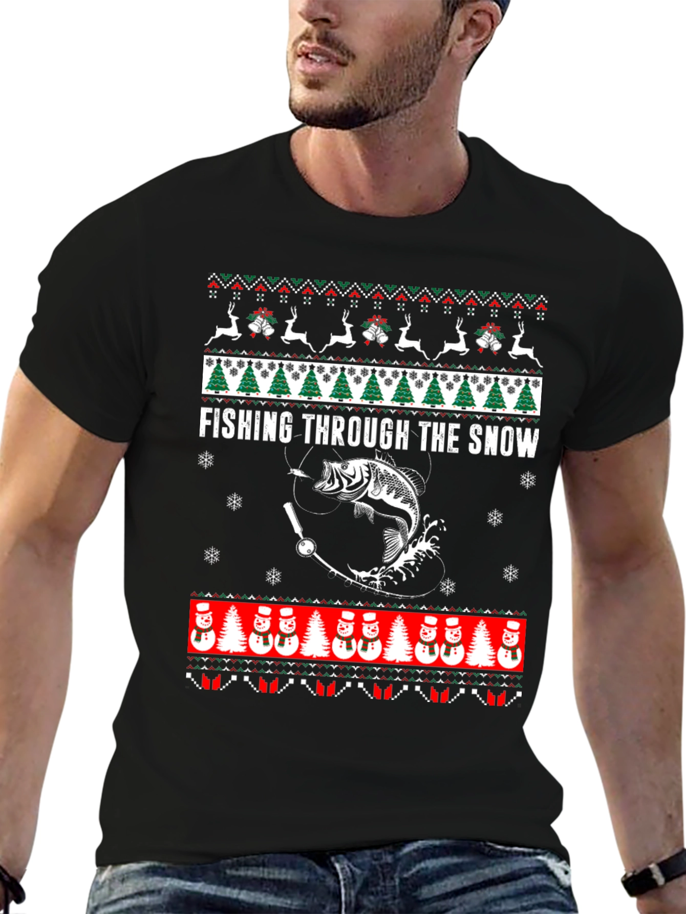 Fishing Through The Snow Ugly Christmas T-Shirt