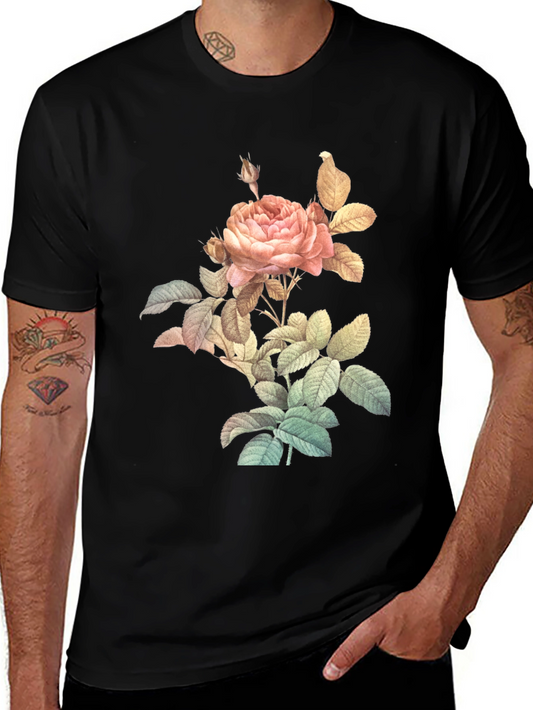 Vintage Rose Graphic Tee - Classic Black Cotton Shirt