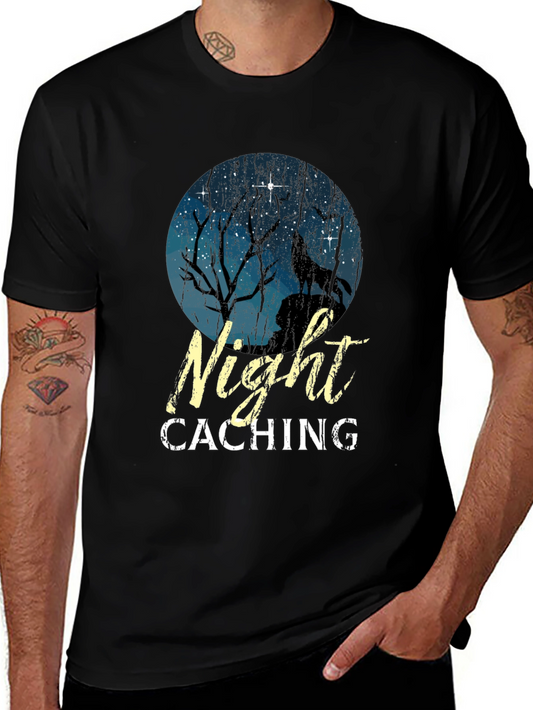 Night Caching Wolf Graphic Tee - Black Cotton Blend T-Shirt