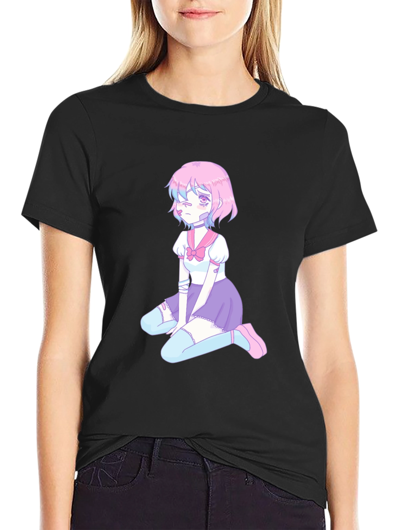 Anime Girl Graphic Tee - Black