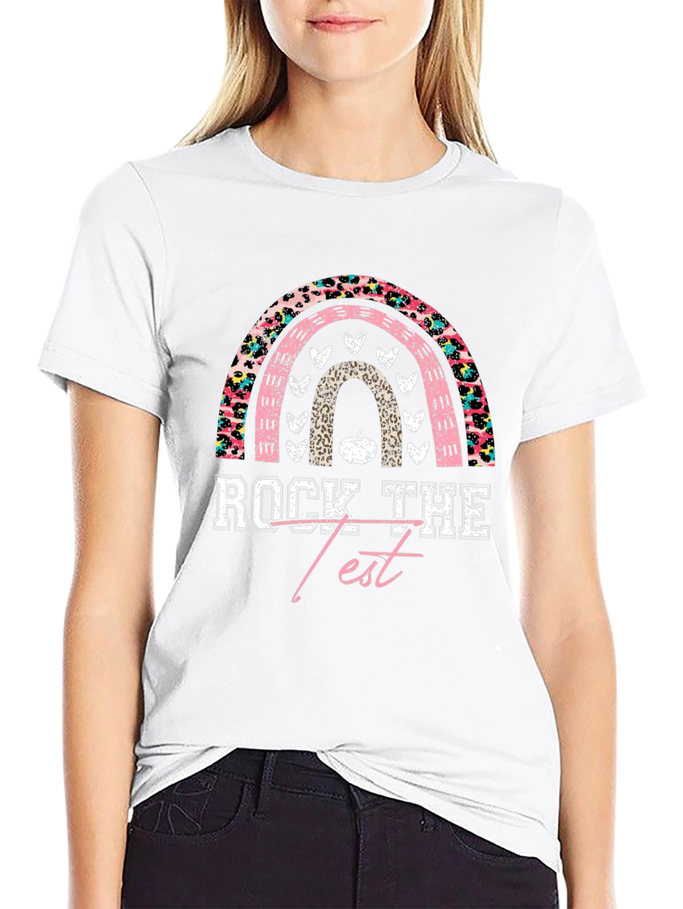 Rock The Test Rainbow Leopard Print Teacher T-Shirt
