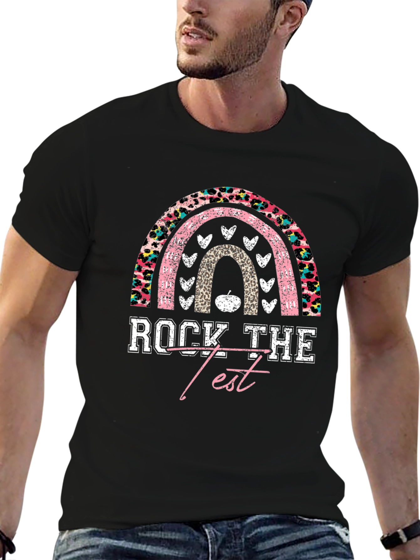 Rock The Test Rainbow Leopard Print Teacher T-Shirt
