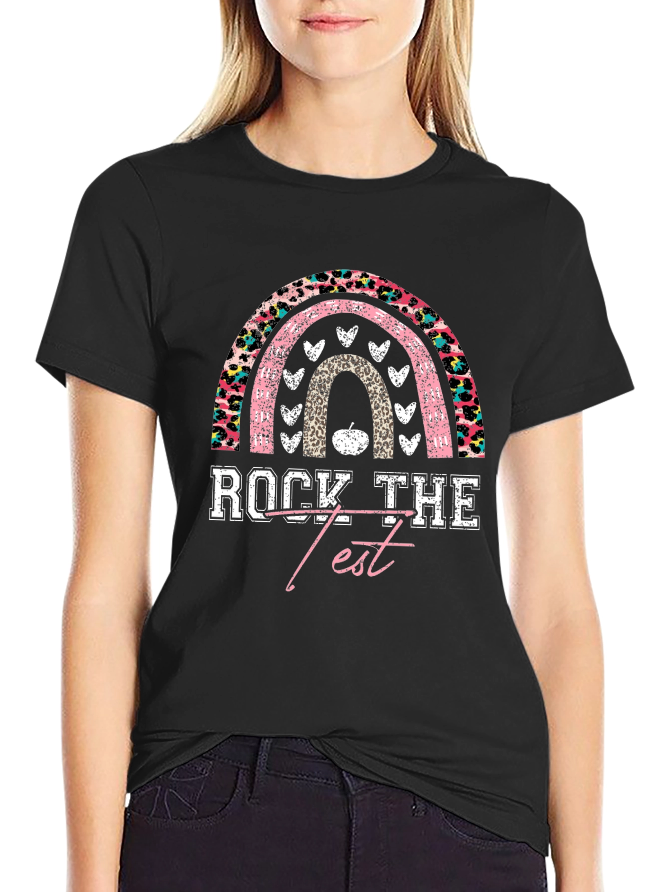 Rock The Test Rainbow Leopard Print Teacher T-Shirt