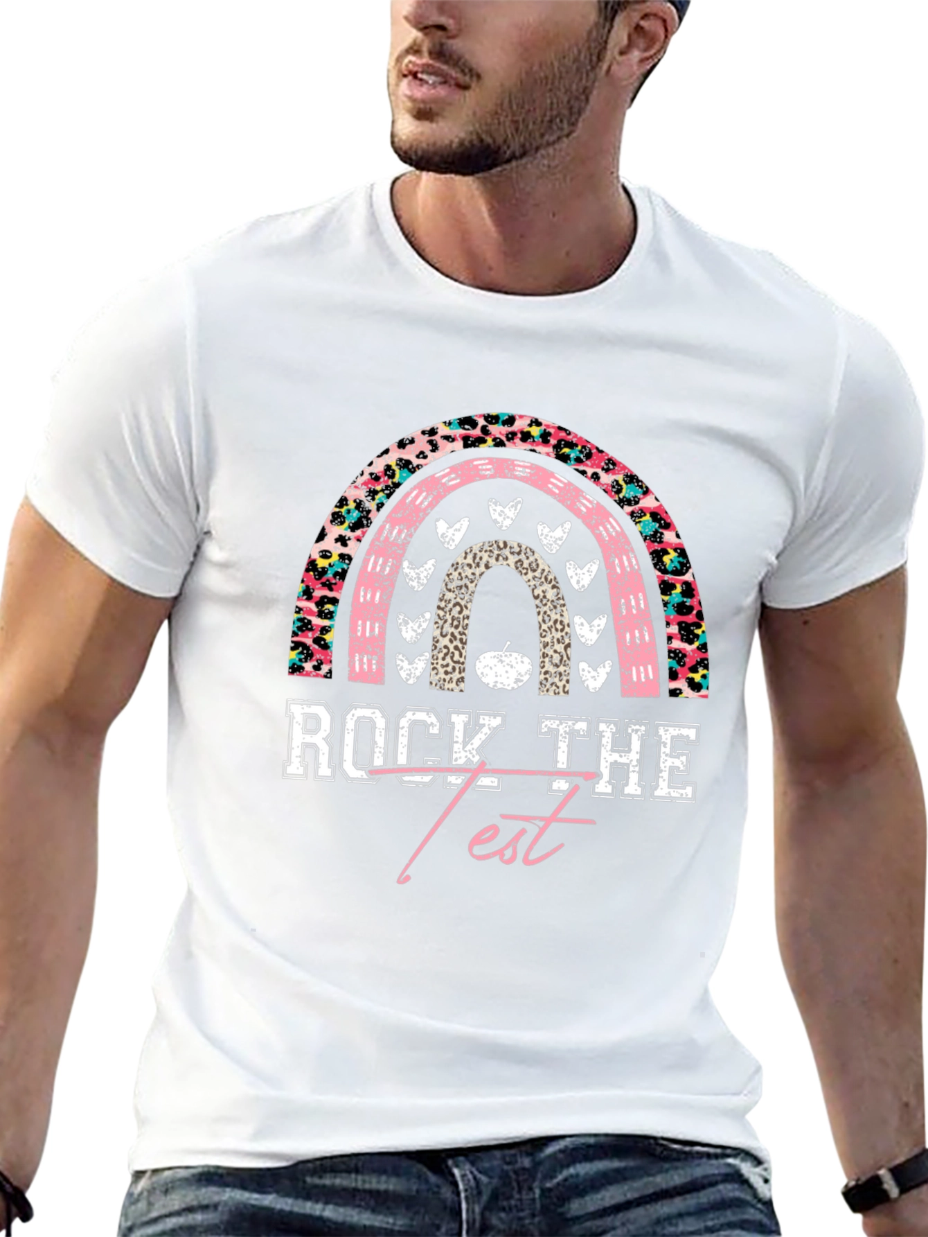 Rock The Test Rainbow Leopard Print Teacher T-Shirt