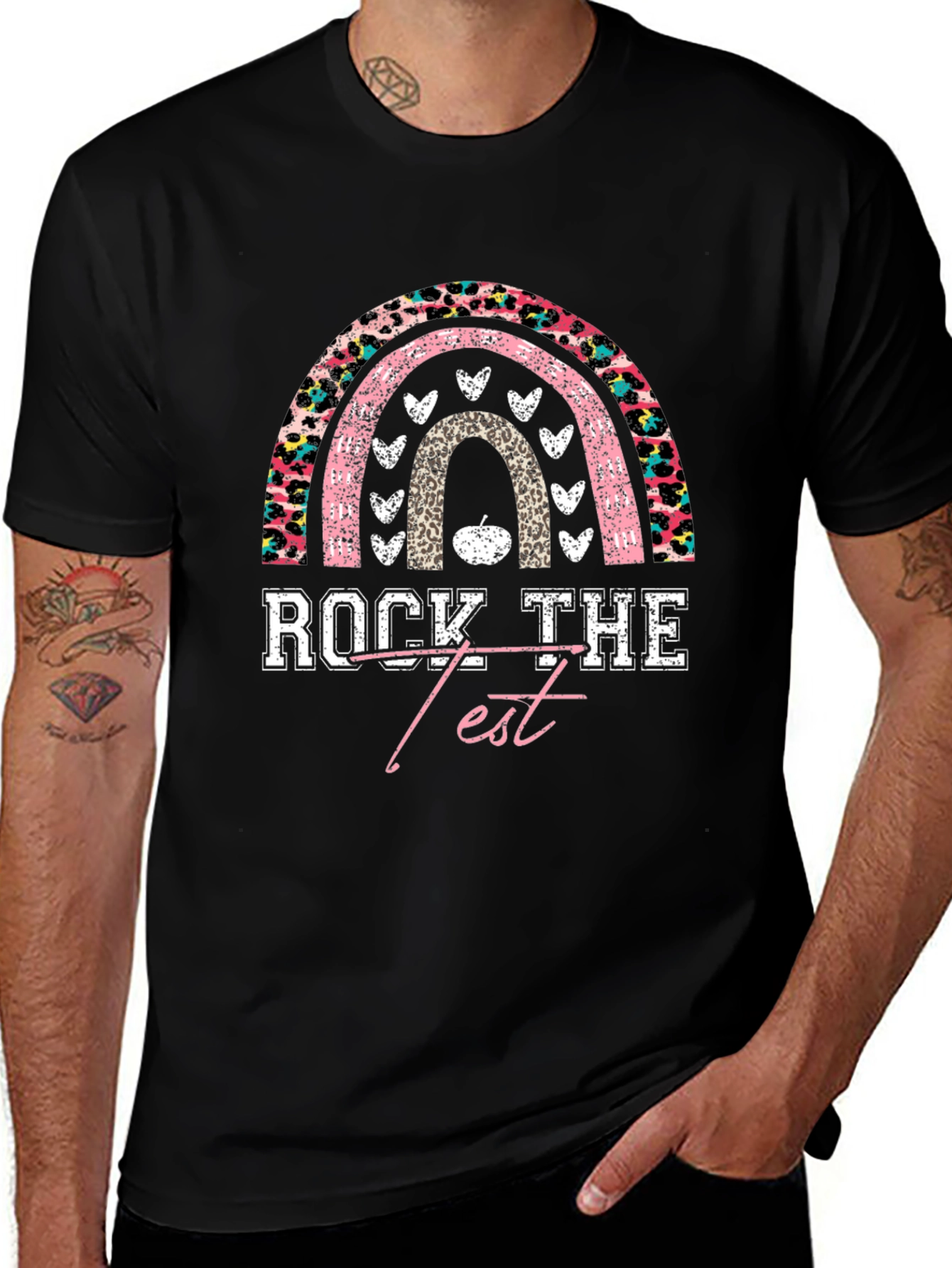 Rock The Test Rainbow Leopard Print Teacher T-Shirt