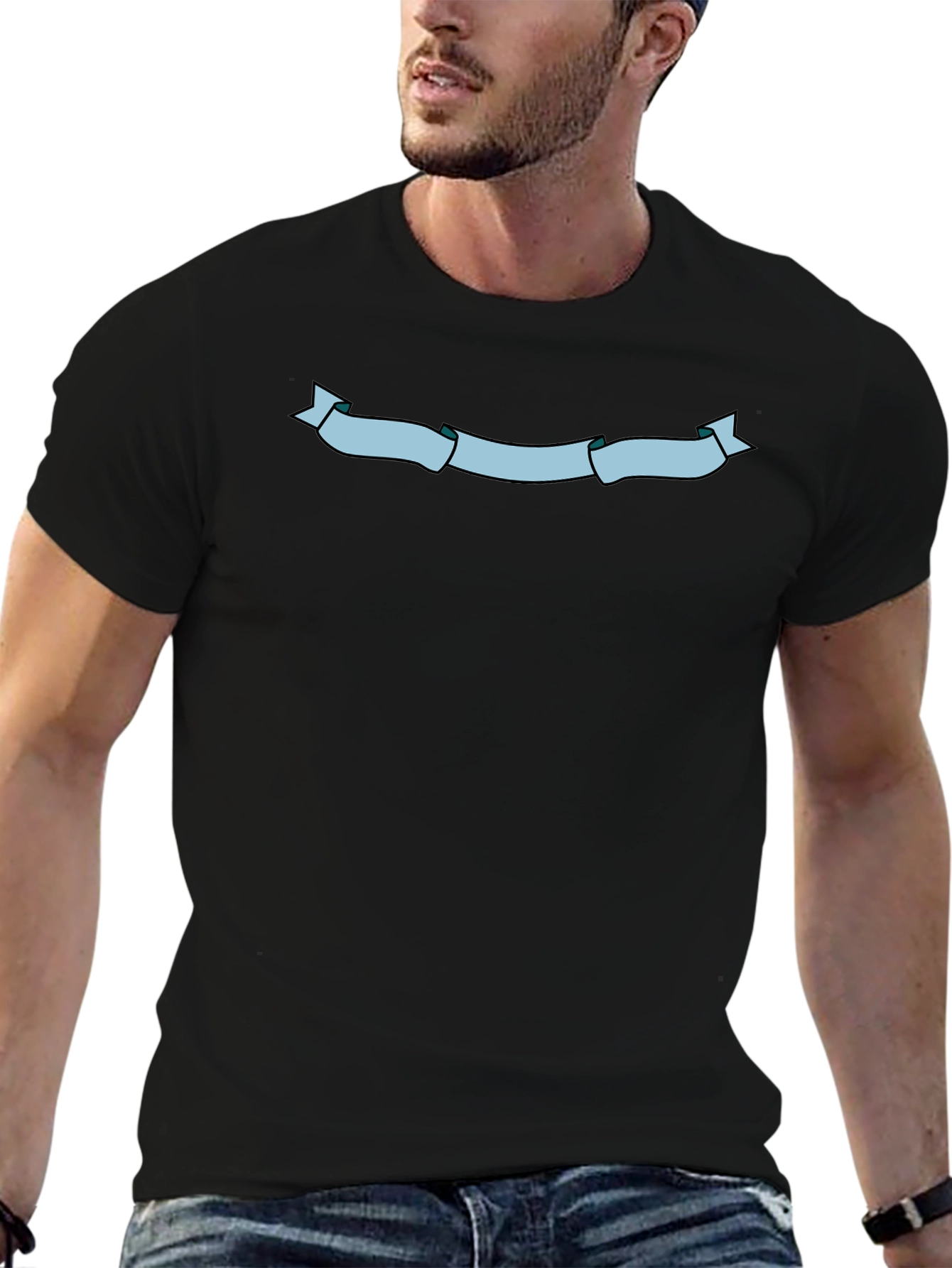 Mens Black T-Shirt with Light Blue Ribbon Graphic