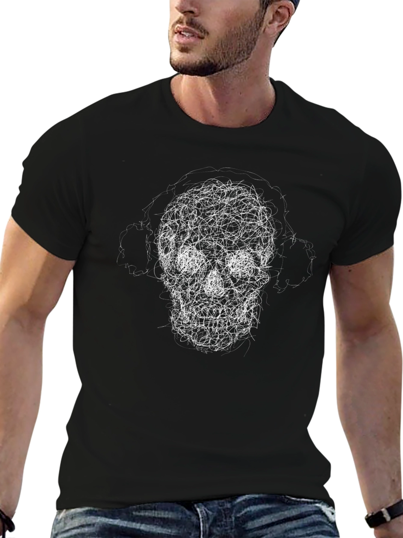 Skull Scribble Graphic Tee - Black Cotton Casual Shirt
