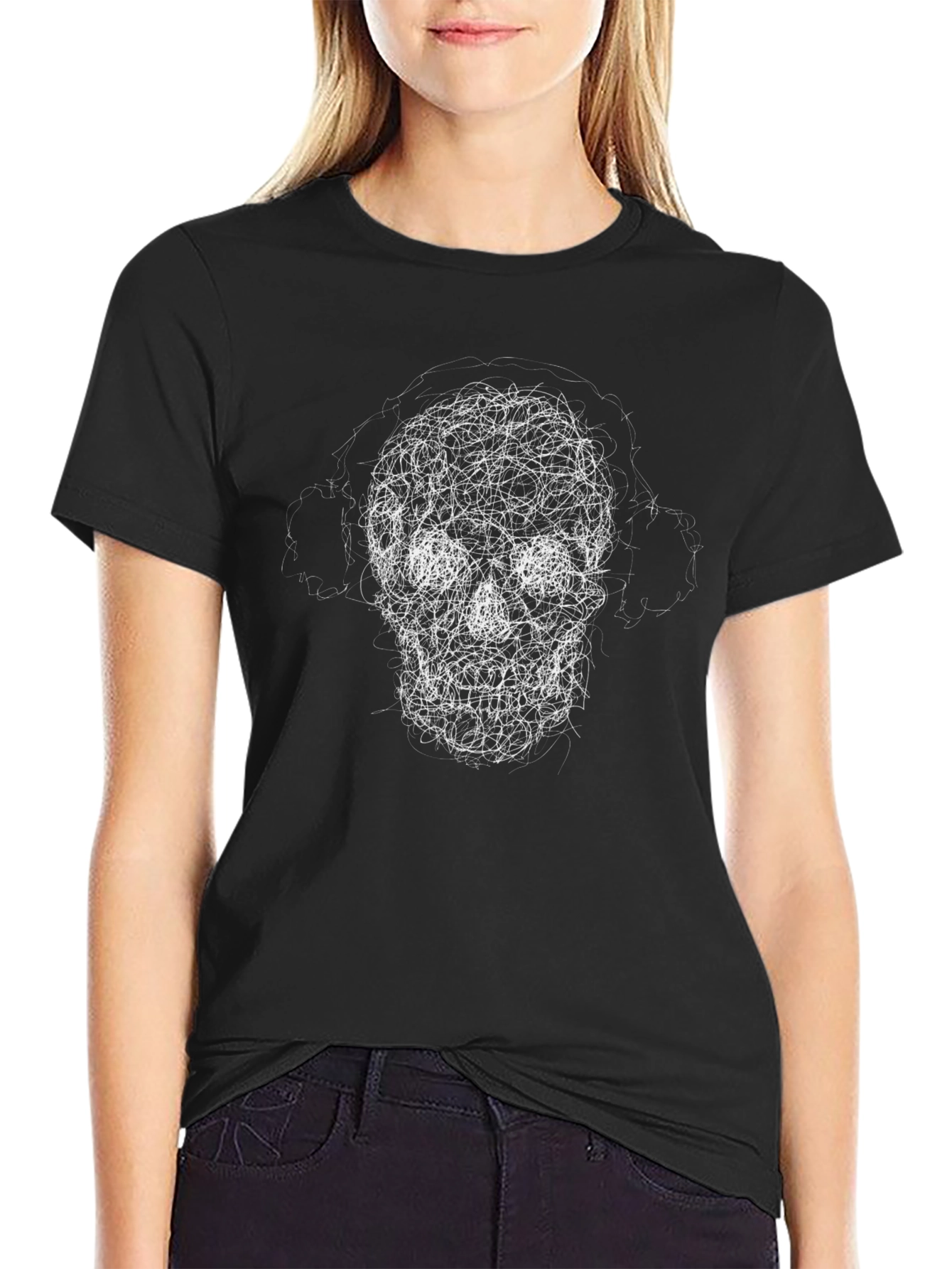 Skull Scribble Graphic Tee - Black Cotton Casual Shirt