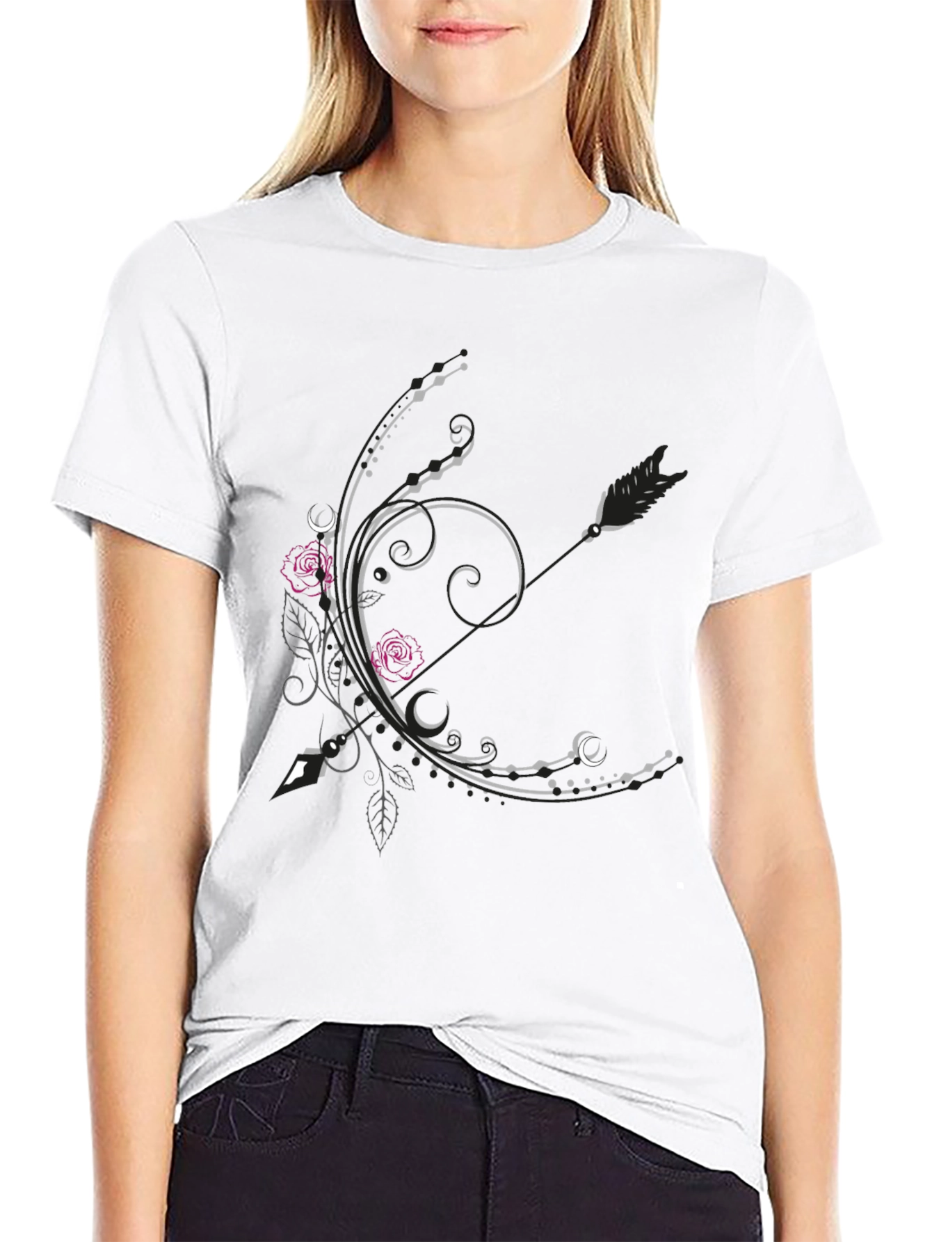 Floral Arrow Graphic Tee - Elegant Black T-Shirt