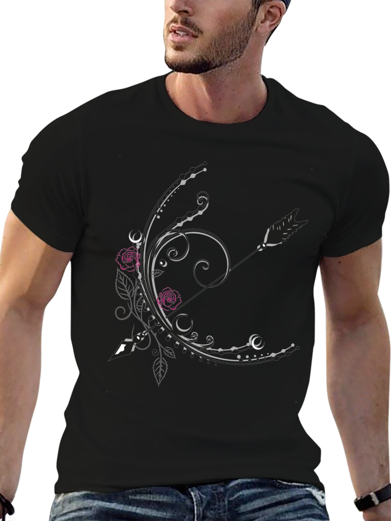 Floral Arrow Graphic Tee - Elegant Black T-Shirt