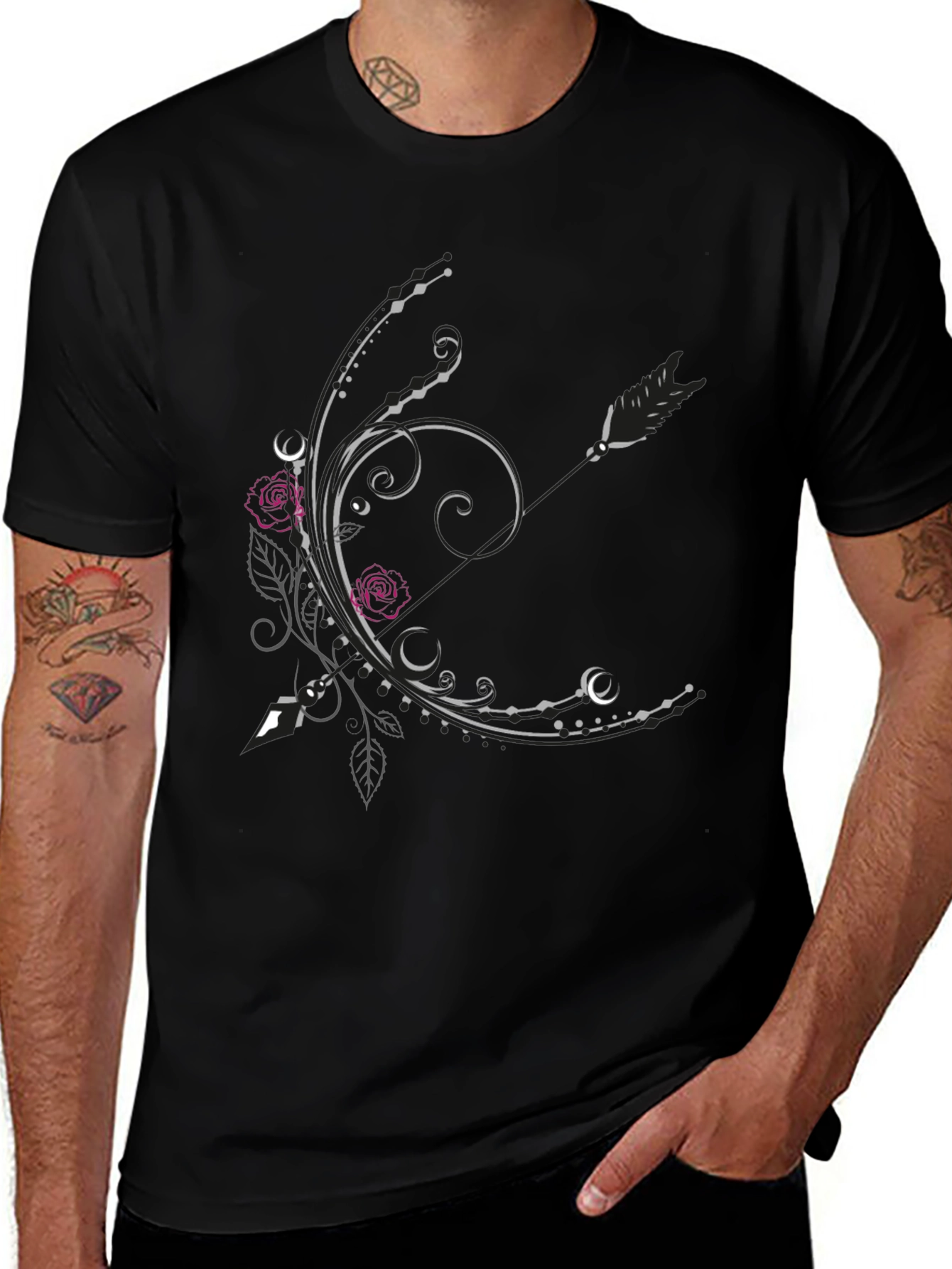Floral Arrow Graphic Tee - Elegant Black T-Shirt