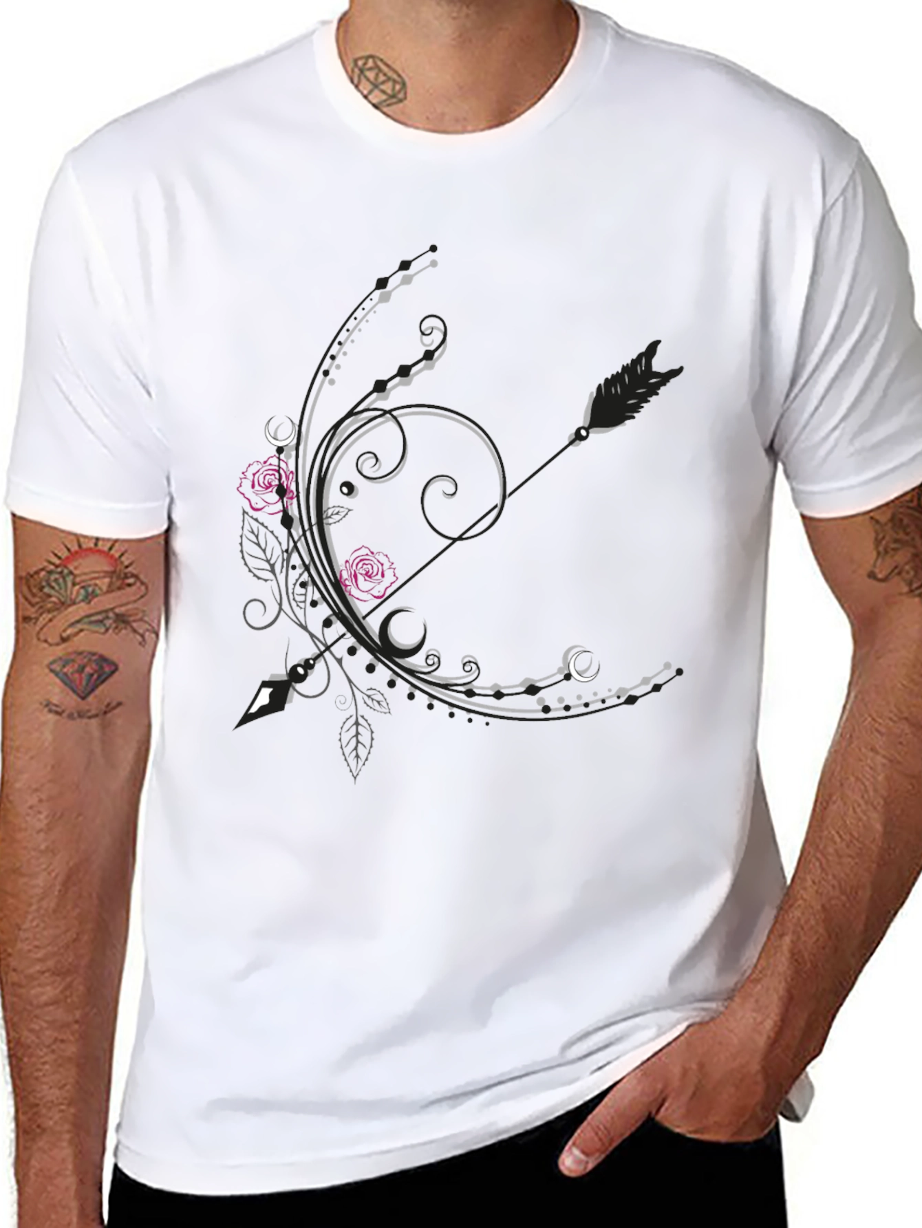 Floral Arrow Graphic Tee - Elegant Black T-Shirt
