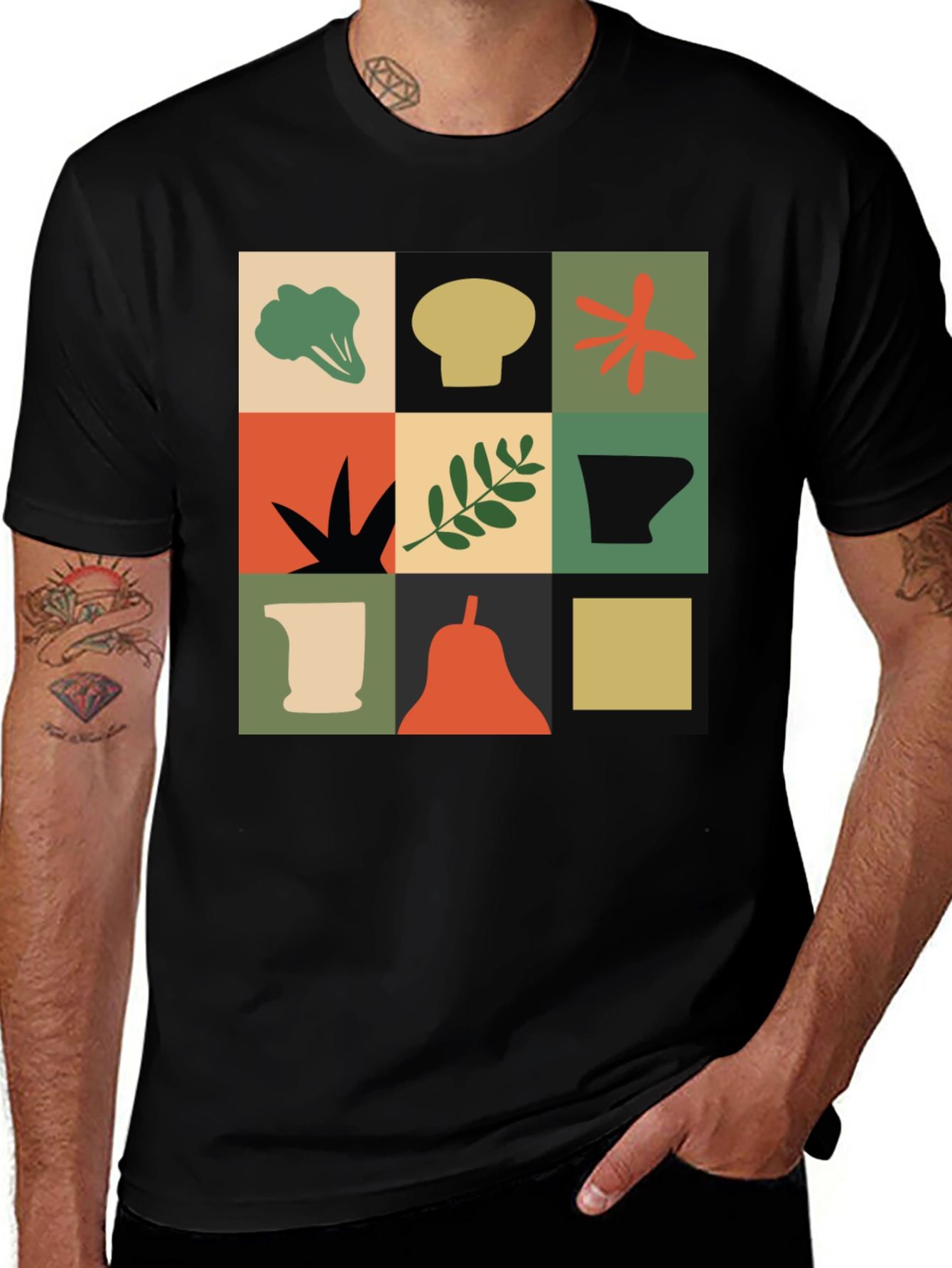Modernist Veggie Print Black T-Shirt