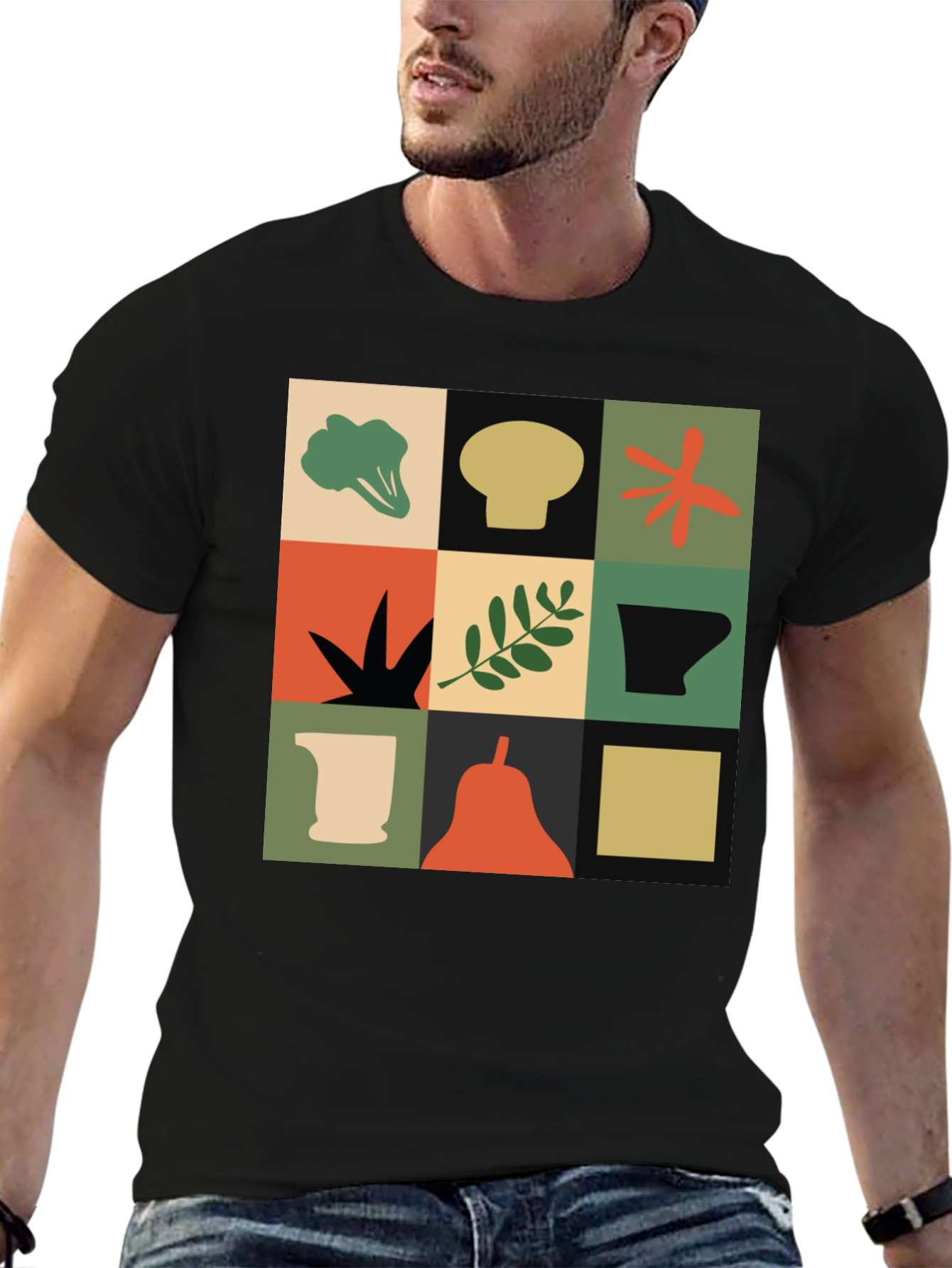 Modernist Veggie Print Black T-Shirt