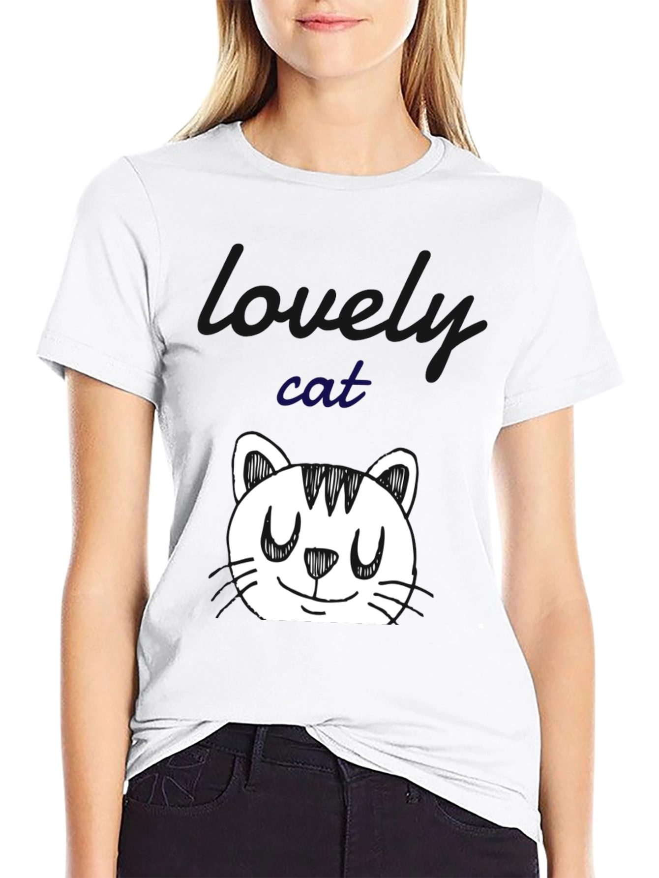 Cute Cat Doodle Black T-Shirt