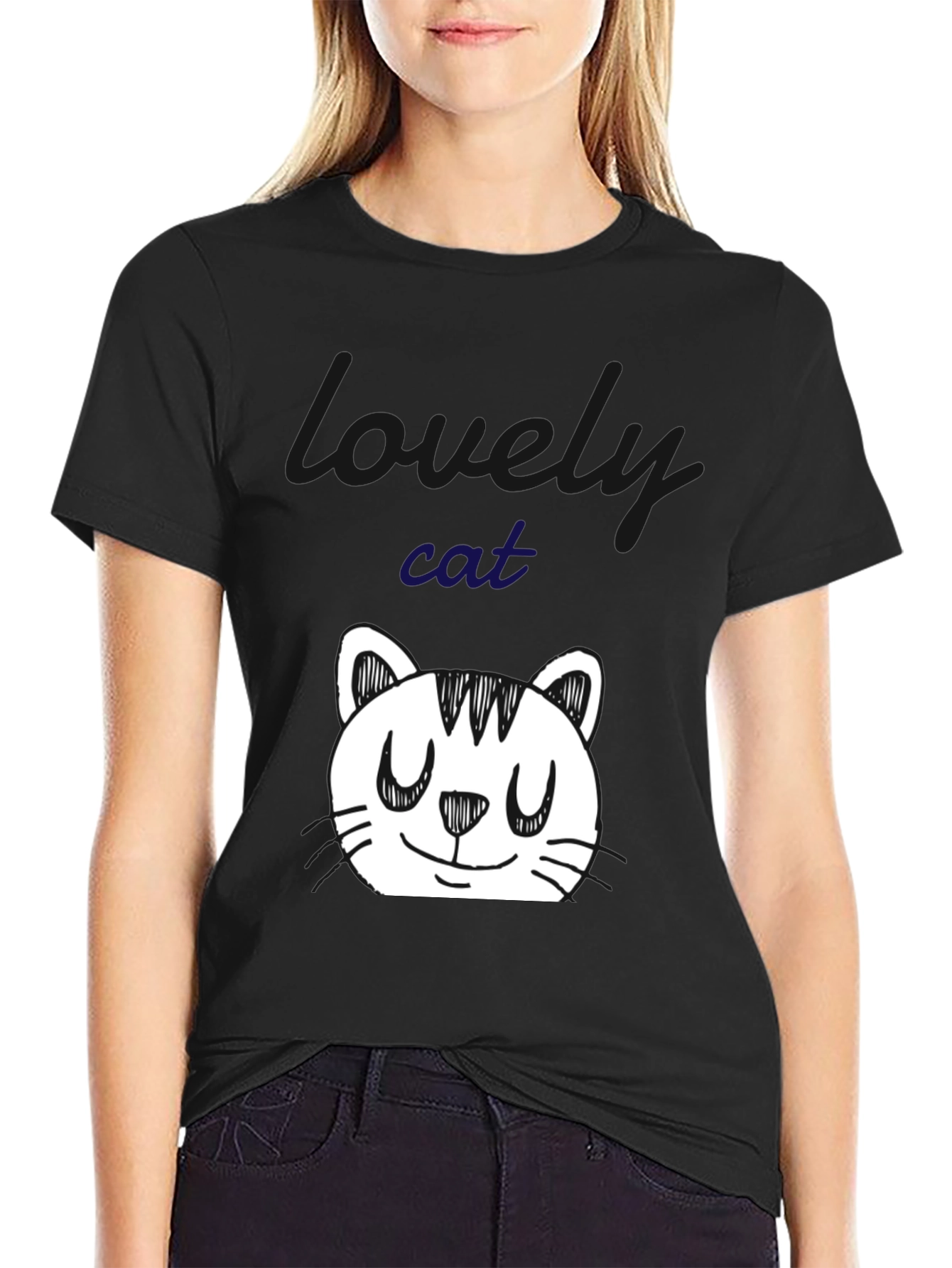 Cute Cat Doodle Black T-Shirt
