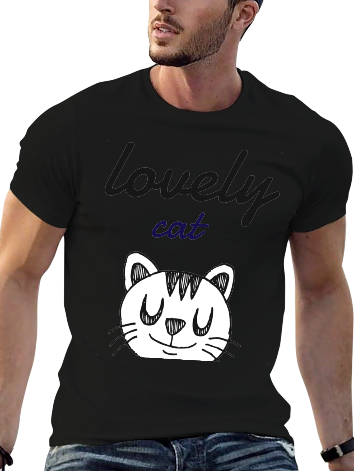 Cute Cat Doodle Black T-Shirt