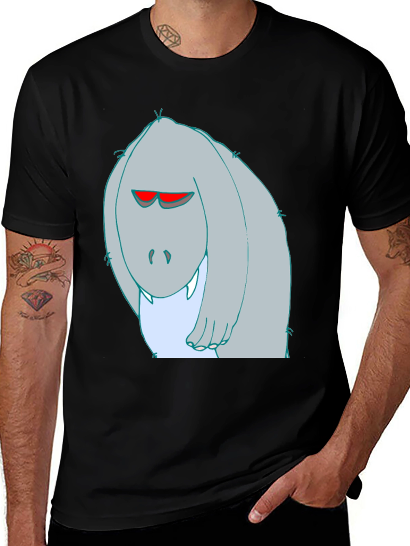 Cartoon Monster Graphic Tee - Black Cotton T-Shirt